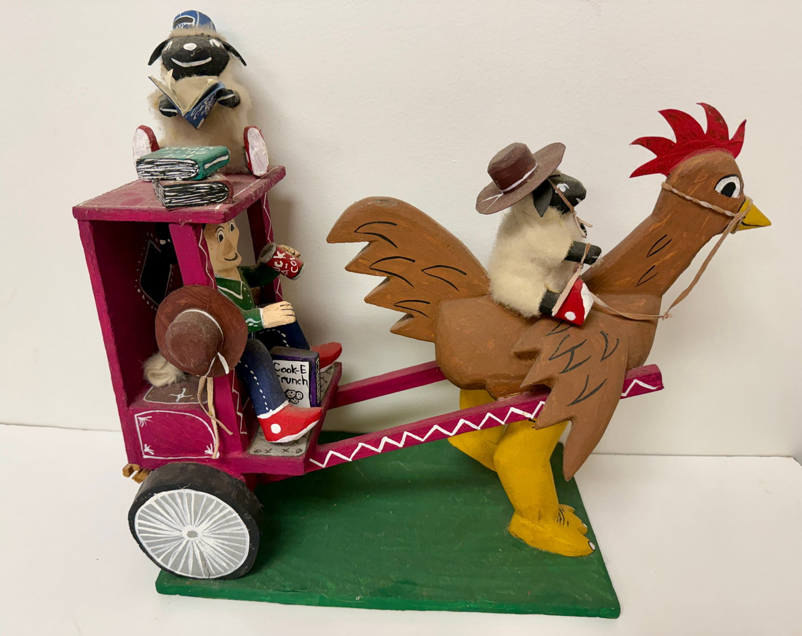 Delbert Buck Navajo American Folk Art Sculpture Whimsical: From an upstate, NY estate. Wonderful carved and painted wooden / multimedia sculpture, by Navajo artist Delbert Buck. Very fun, whimsical piece. Signed on base. Measures approx 16.5" at widest x 15" 