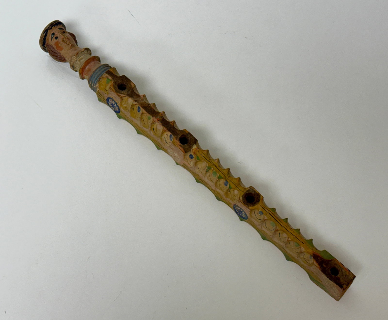 Antique Carved and Painted European Folk Art Piece: From an upstate, NY estate. Whimsically carved and painted wooden Folk Art piece, possibly from a piece of furniture or musical instrument. Appears 19thC European. Measures approx 20.5" long. Please s