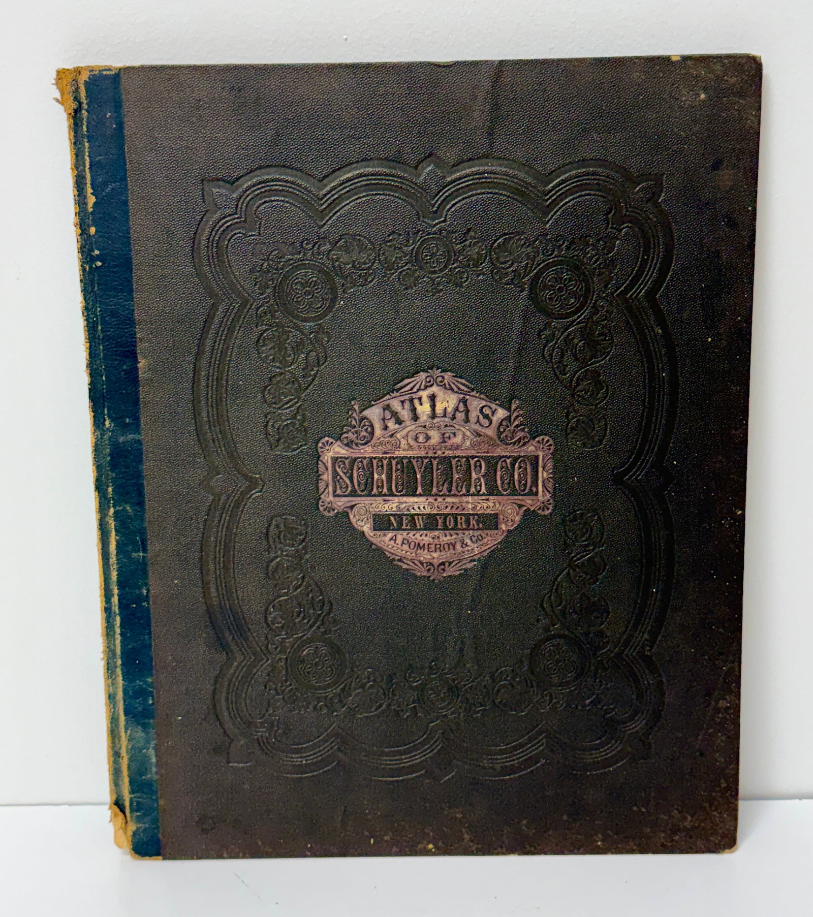 Antique Atlas of Schyuler County, NY Watkins Glen + 1874: From an upstate, NY estate. Volume "Atlas of Schuyler County NY" published by Pomeroy, Whitman & Co, 1874. With fold out maps. Hardcover. Book measures approx 16" x 13". Binding / spine shows signific