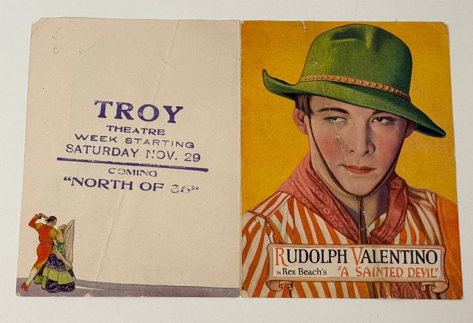 1924 Advertising Flyer A Sainted Devil Film Valentino: From an upstate, NY estate. 1924 advertising flyer for the film A Sainted Devil, starring Rudolph Valentino. Please see photos for details.