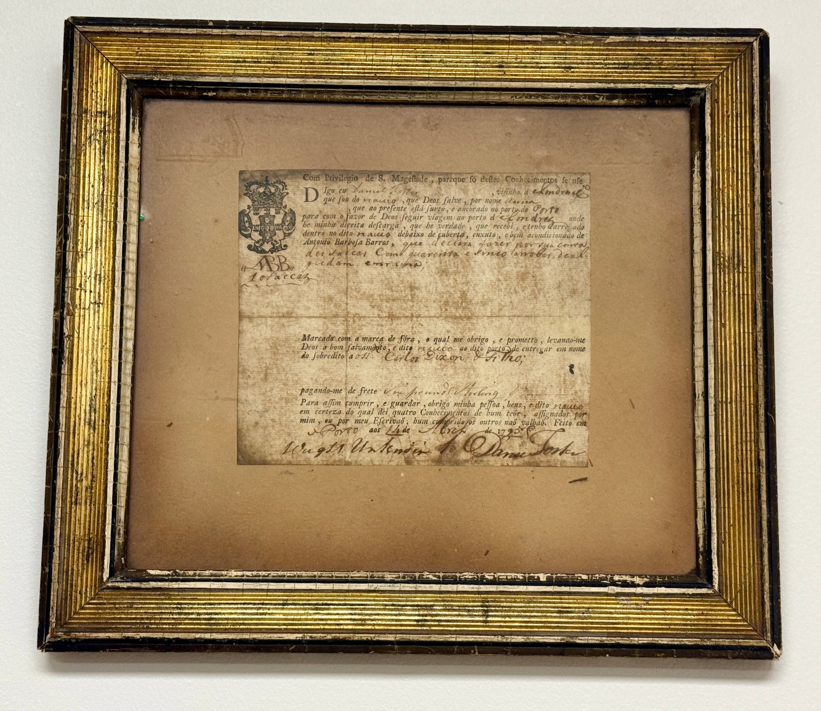 Antique 18thC Portuguese Bill of Landing Conhecimento: From an upstate, NY collection. Antique 18thC framed Portuguese bill of landing or Conhecimento de Embarque. Measures approx 13.5" x 12.25". Please see photos for condition details.