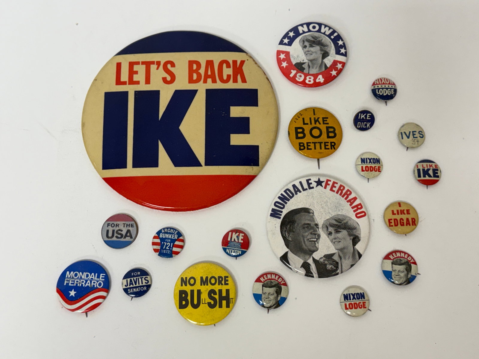 Group of 1950s-80s Politial Buttons Pinbacks: From an upstate, NY estate collection. Group of vintage 50s-80s political pinbacks. Large Ike button measures approx 6" in diameter. Please see photos for details.