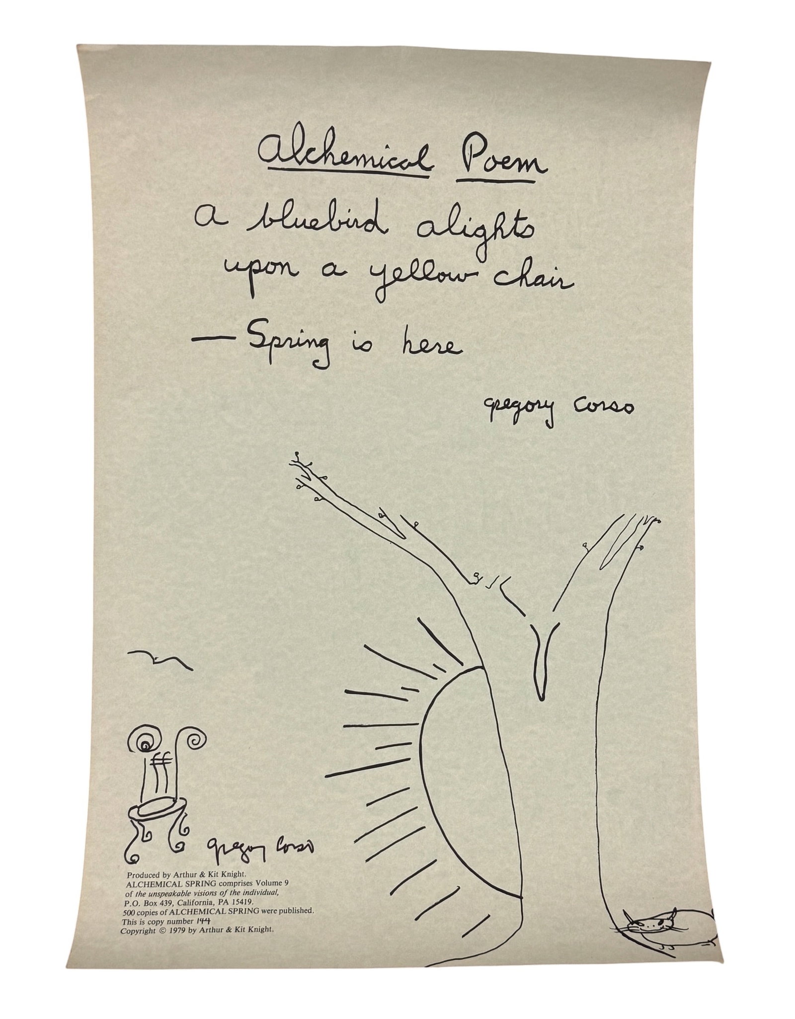 Signed Limited Edition Poster by Gregory Corso Beat Poet, Alchemic Spring 1979: From the estate of noted artists Jeff Gordon (American, 2013) and Path Soong (Korean / American, 1954-2023.) Signed poster of the poem "Alchemical Spring" by Gregory Corso. Numbered 144 of 500.