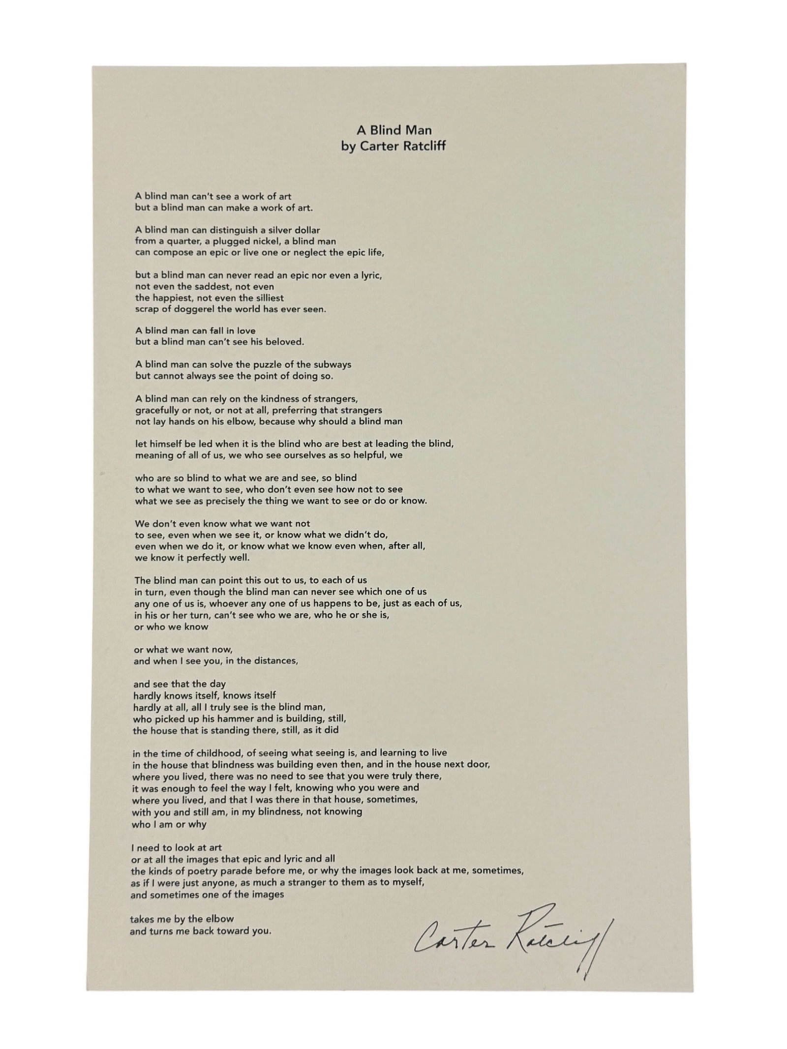 Signed Poem Broadside Print Carter Ratcliff, A Blind Man (1 of 4)
