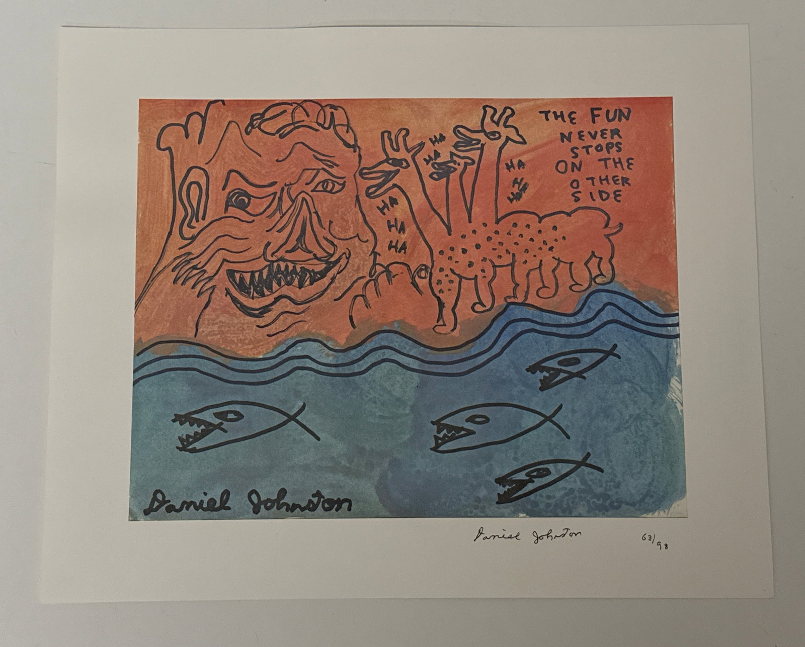 Signed & Numbered Daniel Johnson Print, The Fun Never Stops On The Other Side: From the estate of noted artists Jeff Gordon (American, 2013) and Path Soong (Korean / American, 1954-2023.) Signed & numbered 62/98 limited edition print by outsider artist and musician Daniel