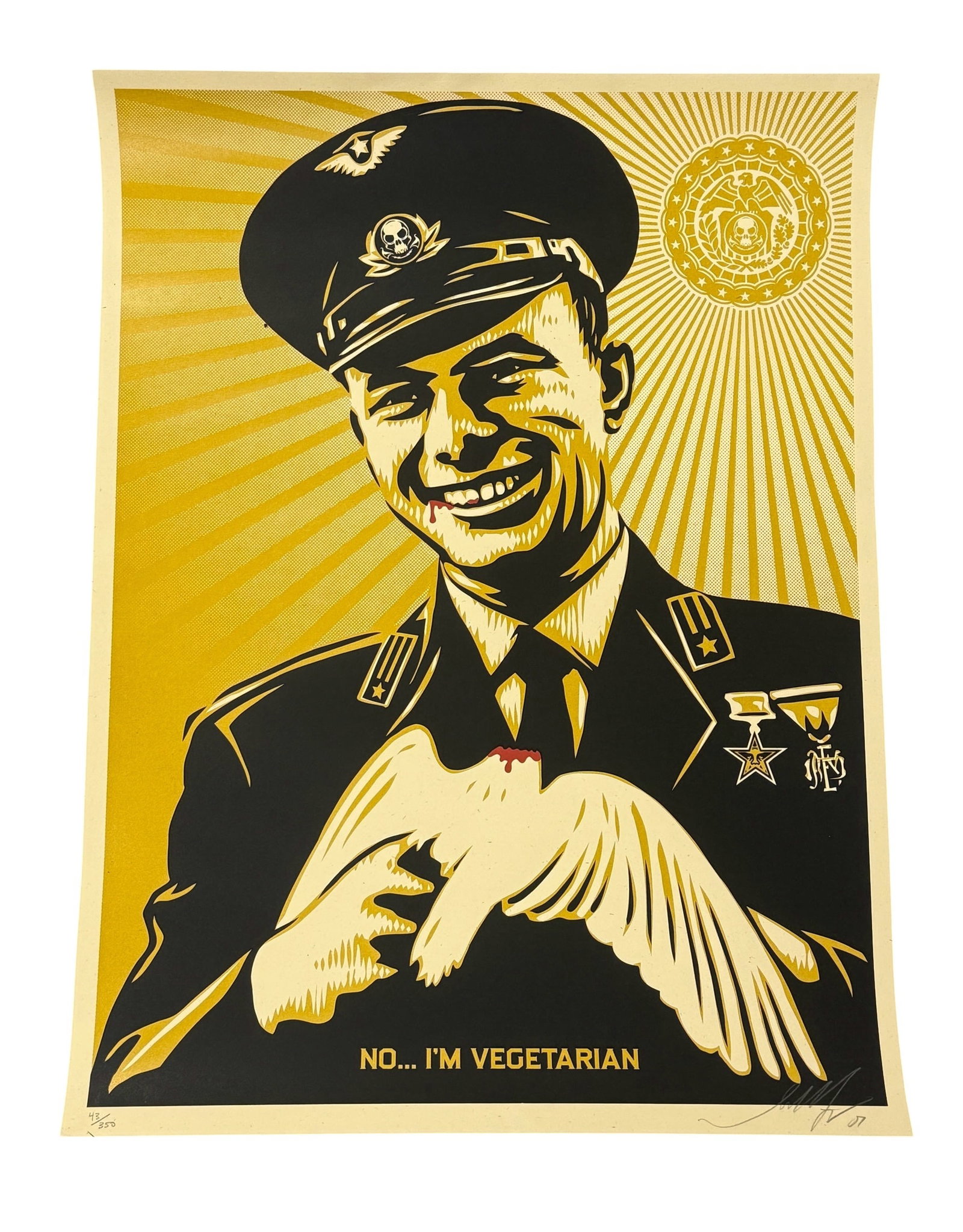 Signed & Numbered Shepard Fairey Print, No, I'm Vegetarian 2007: From the estate of noted artists Jeff Gordon (American, 2013) and Path Soong (Korean / American, 1954-2023.) Signed and numbered print of "No, I'm Vegetarian" by Shepard Fairey (American, b1970.)