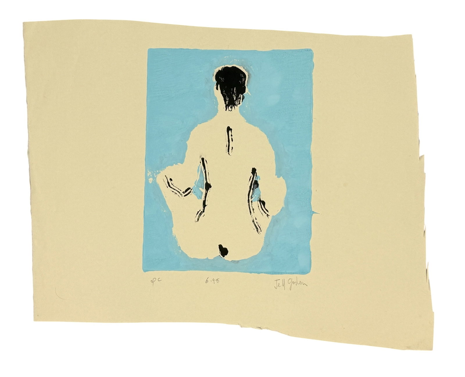 Original Block Print / Linocut by Jeff Gordon, Seated Woman: From the estate of noted artists Jeff Gordon (American, 2013) and Path Soong (Korean / American, 1954-2023.) Pencil signed by Jeff Gordon and numbered block print / linocut dated 6/98, portrait of a