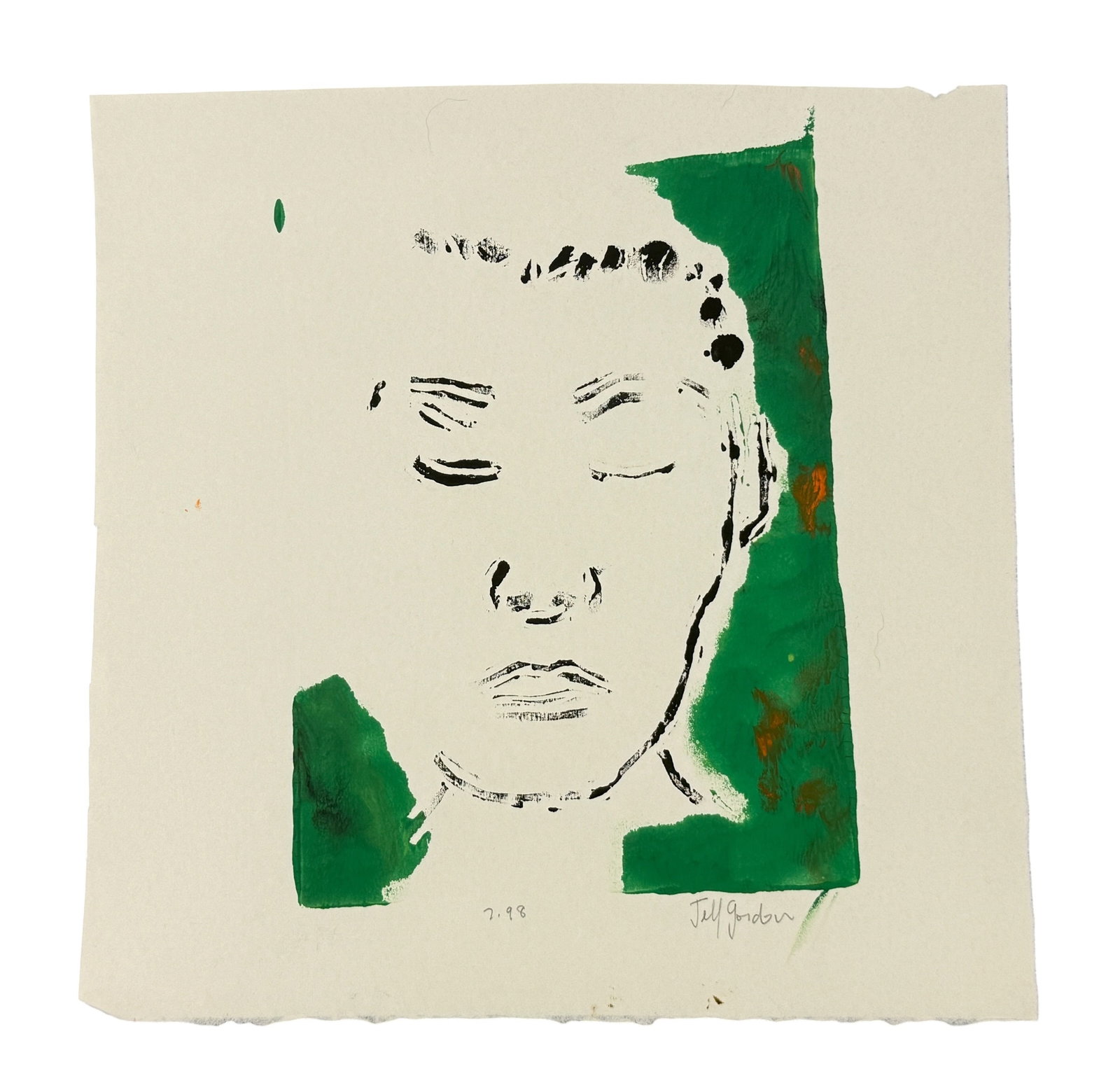 Original Block Print / Linocut by Jeff Gordon, Peaceful Face: From the estate of noted artists Jeff Gordon (American, 2013) and Path Soong (Korean / American, 1954-2023.) Pencil signed by Jeff Gordon block print / linocut dated 7/98 image of a face in