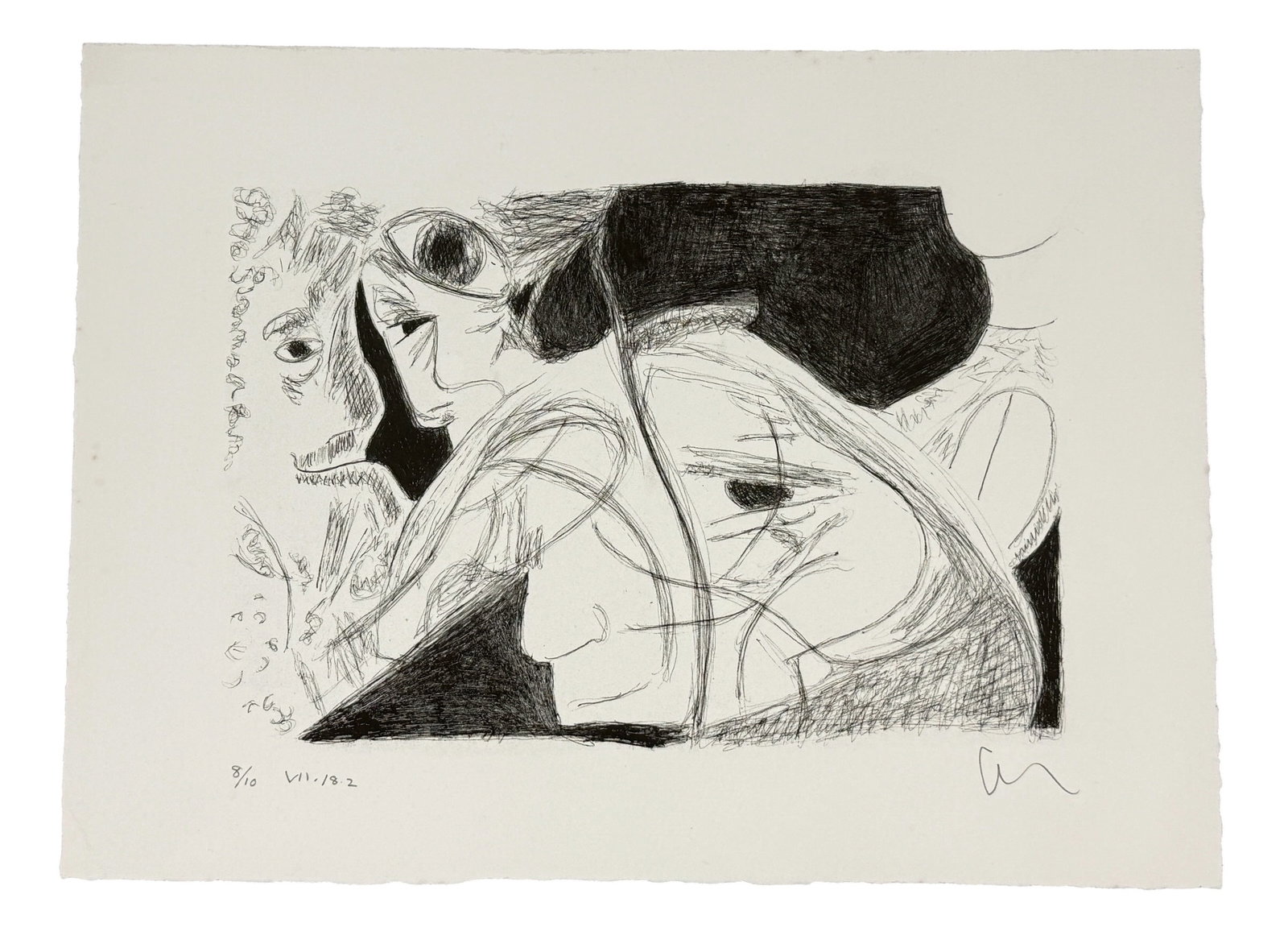 Original Block Print / Linocut by Jeff Gordon, Surrealist Figures: From the estate of noted artists Jeff Gordon (American, 2013) and Path Soong (Korean / American, 1954-2023.) Pencil signed print by Jeff Gordon of surrealist figures. Numbered 8/10 and titled