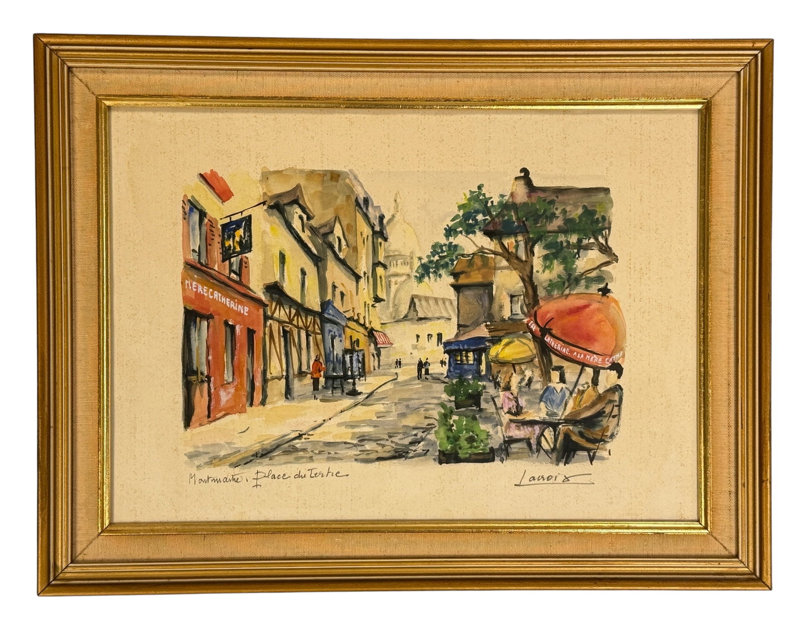 Original Watercolor Painting “Montmarte” by Louise Renee Lacroix: From the an upstate, NY collection. Original midcentury watercolor painting by Louise Renee Lacroix. Framed. Signed Lacroix in pencil, lower right. Titled “Montmarte, Place du Tertre” also in