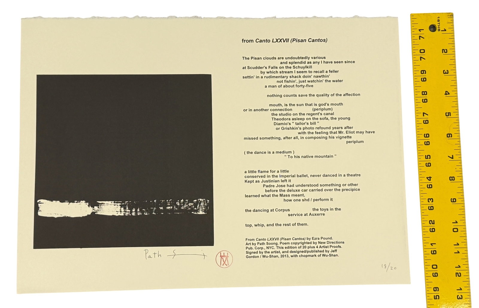 Canto LXXVII Limited Edition Broadside Signed Path Soong Pisan Cantos Ezra Pound: From the estate of noted artists Jeff Gordon (American, 2013) and Path Soong (Korean / American, 1954-2023.) Pencil signed and numbered broadside "from LXXVII (Pisan Cantos) by Ezra Pound signed and