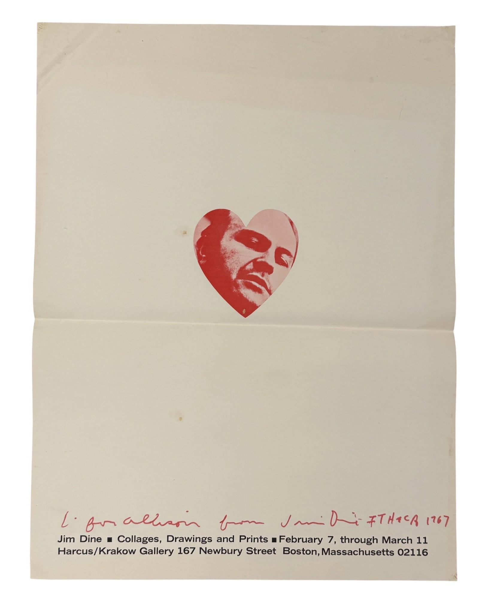 Jim Dine Signed Exhibition Poster Harcus / Krakow Gallery: From an Ithaca, NY estate collection. Vintage poster for "Collages. Drawing and Prints" exhibition Jim Dine at the Harcus / Krakow Gallery, Boston. Has some creasing / discoloration in places. Signed 
