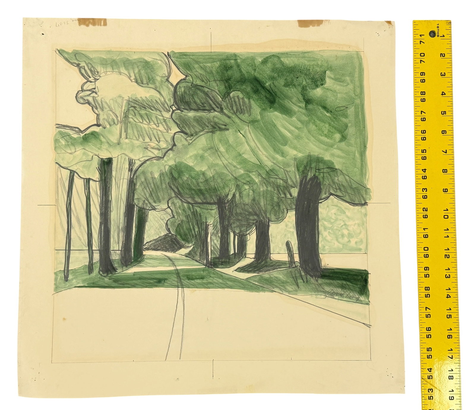 Original Unframed Drawing Road Between Trees, Daniel Lang - 2