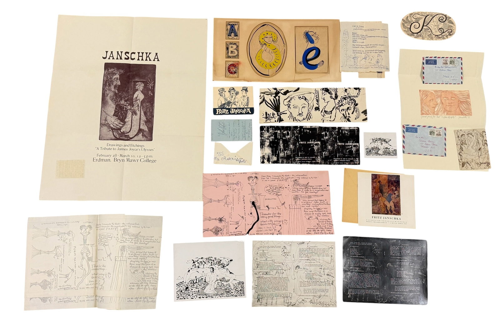 Group of Correspondence, Art, Materials by Fritz Janschka: From an Ithaca, NY estate collection. Large group of correspondence, artworks, and gallery posters / cards for Fritz Janschka, founding member of Vienna School of Fantastic Realism [American /