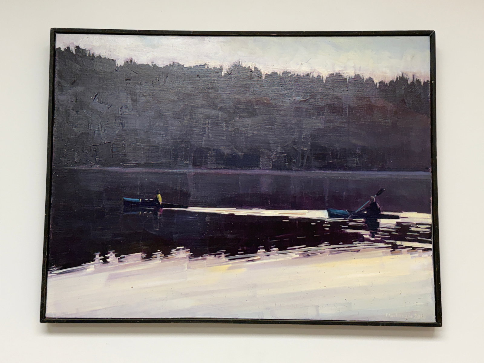 Realism Painting on Canvas ''Kayaks - Osgood Pond'' Rob Mackenzie: From an Ithaca, NY estate collection. Beautiful painting on canvas ''Kayaks - Osgood Pond Paul Smiths, NY'' by Finger lakes regional artist. Rob Mackenzie Measures approx 24.5" x 18.5'' framed. Please