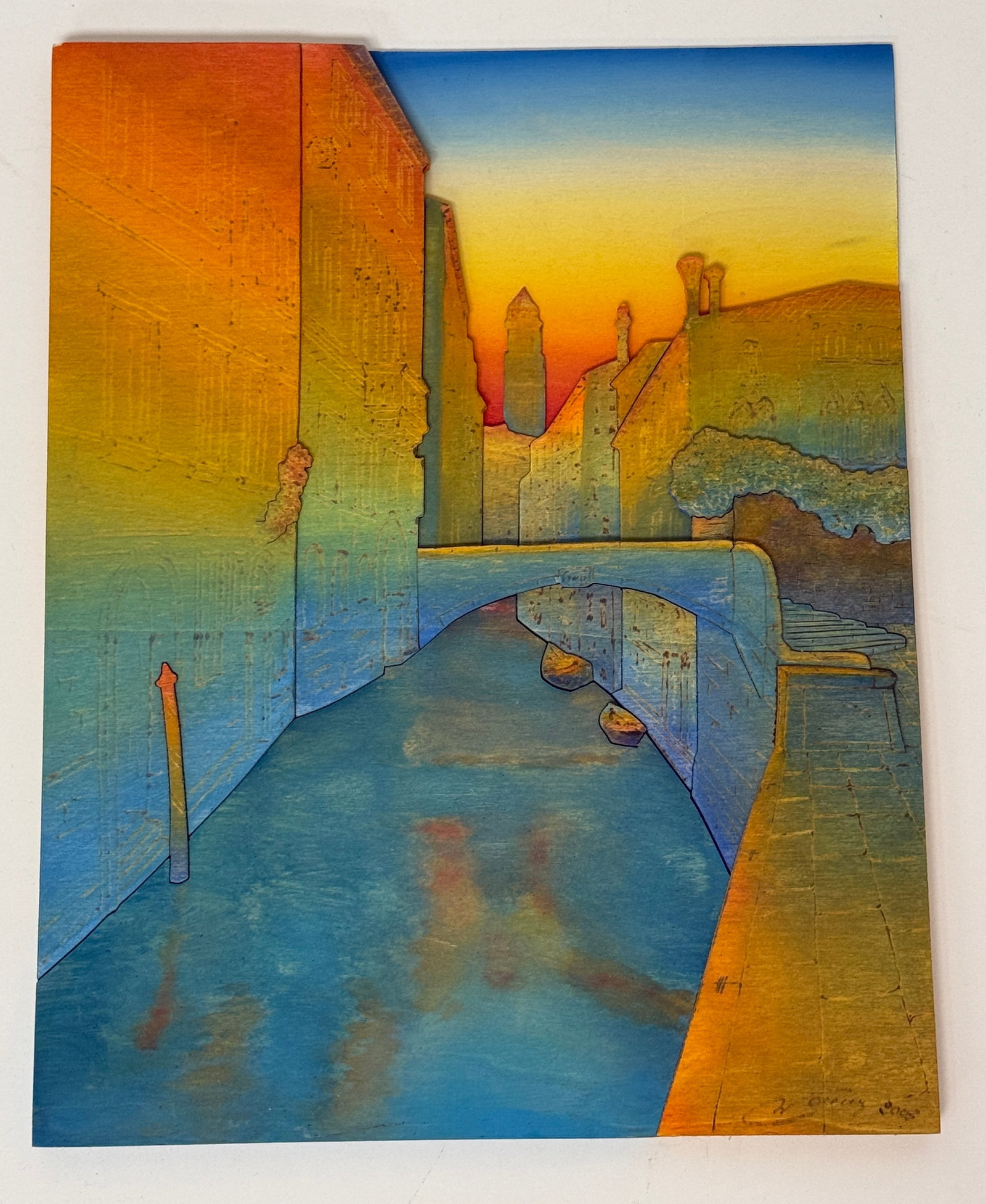 Three Dimensional Carved Wood Scenic Painting 'Crepuscolo' Signed (1 of 10)