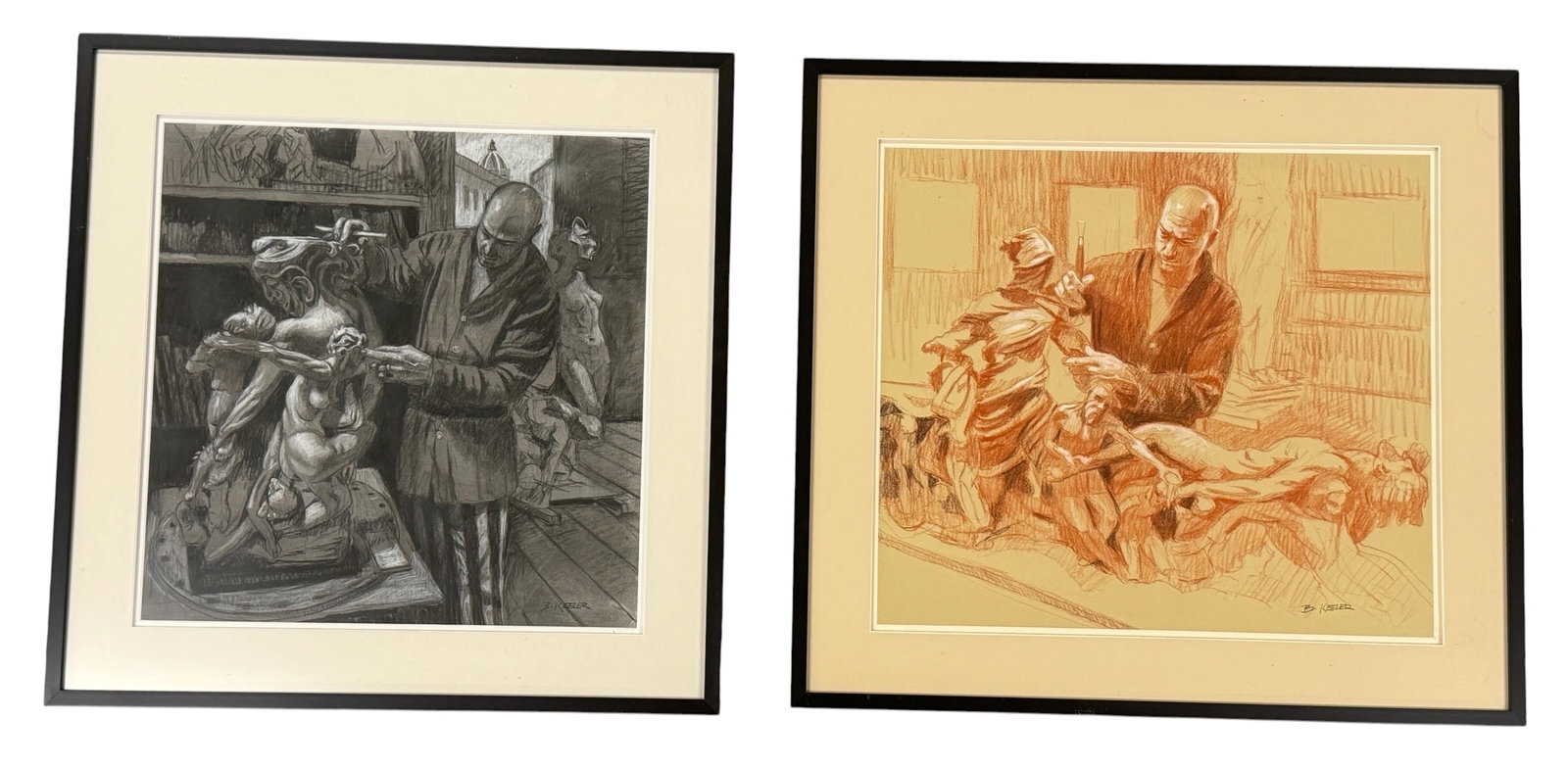 Pair of Charcoal Drawings of John Belardo Sculptor Brian Keeler (1 of 19)