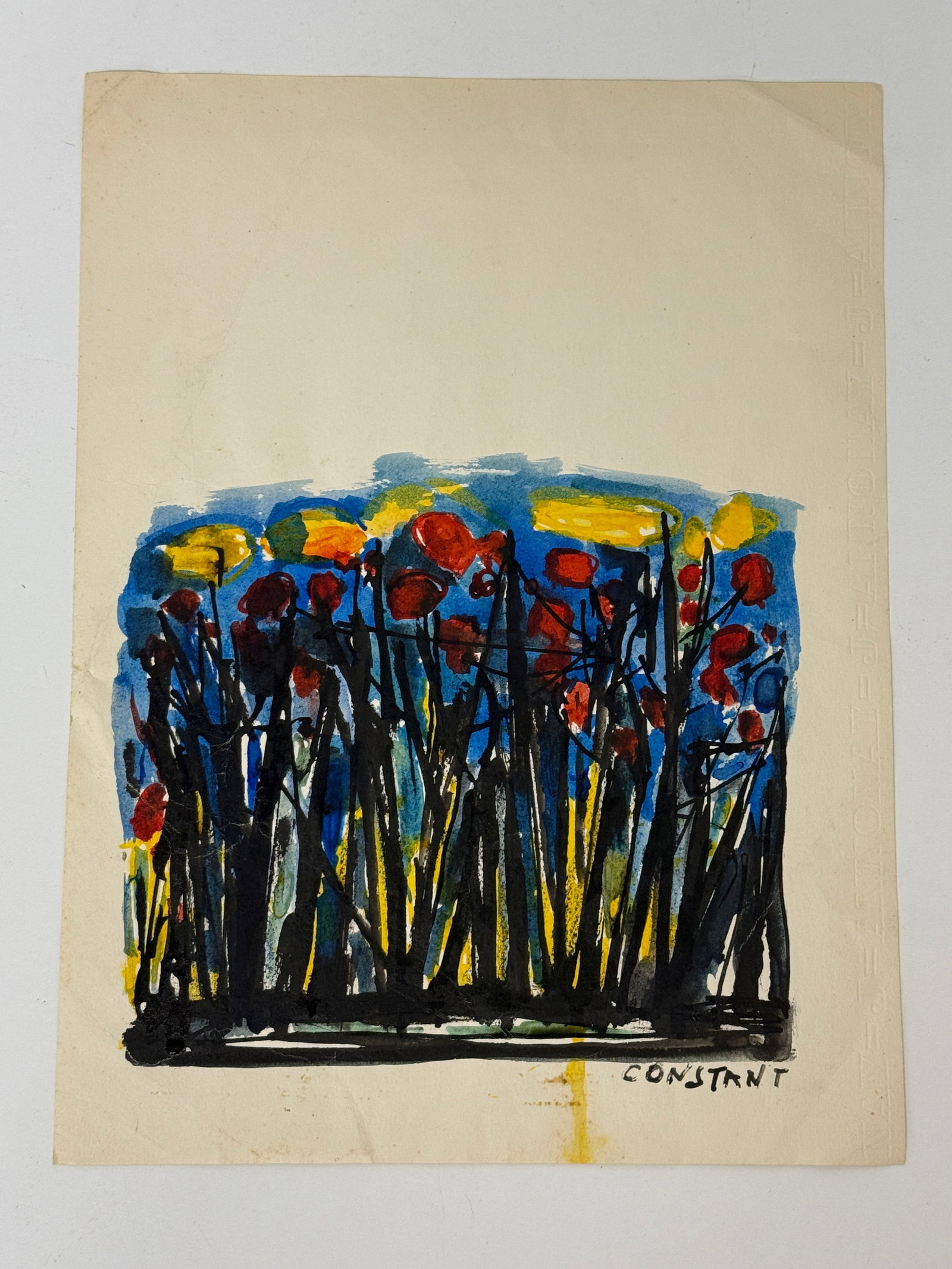 Abstract Watercolor on Paper "Arbres" by Christain Constant: From an Ithaca, NY estate collection. Original watercolor painting on paper by Christain Constant (French,1926 –) "Arbres." Titled with poem in pen script on reverse. Signed within work, lower right