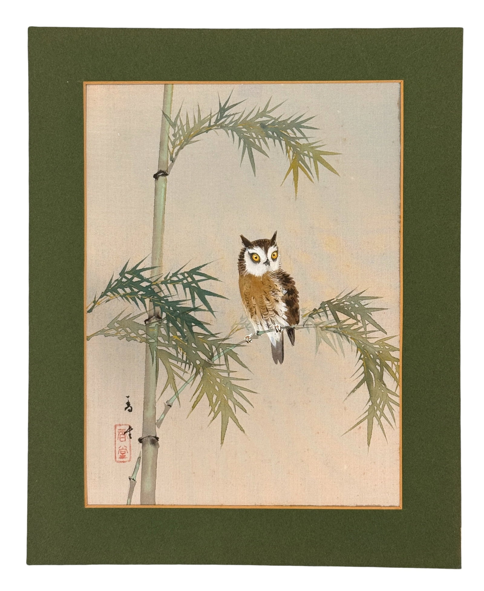 Japanese Painting on Silk Owl, c.1940s Kobayashi: From an upstate, NY collection. Painting on silk of an Owl on a Branch, signed Kobayashi. Unframed and matted. Measures approx 11.75" x 9.5" matted. Please see photos for details.