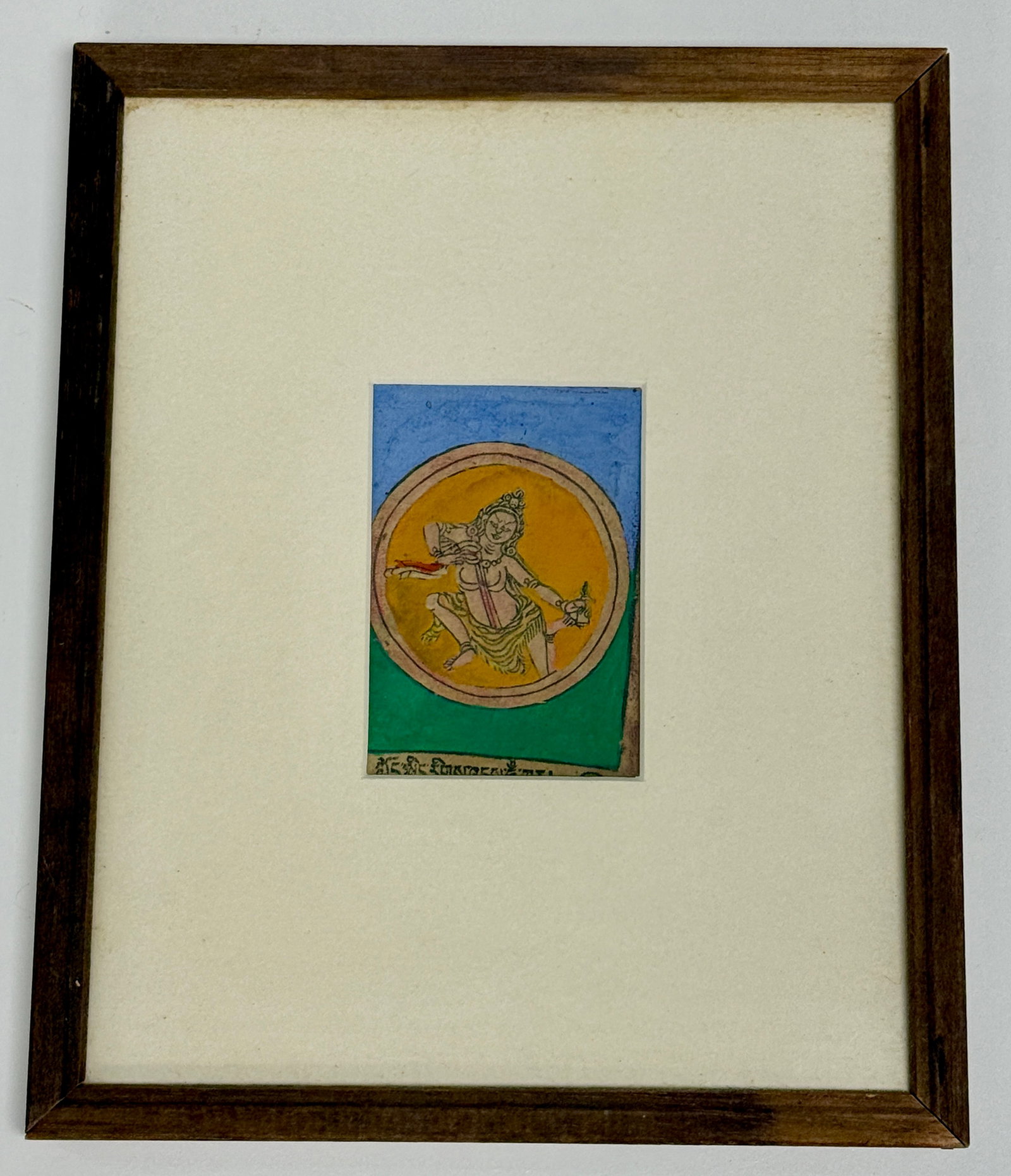 Framed Buddhist Initiation Card Hand Colored: From an upstate, NY collection. Antique framed Buddhist initiation card, hand painted. Image measures approx 4" x 2.625". Framed measures approx 10.75" x 8.75". Please see photos for details.