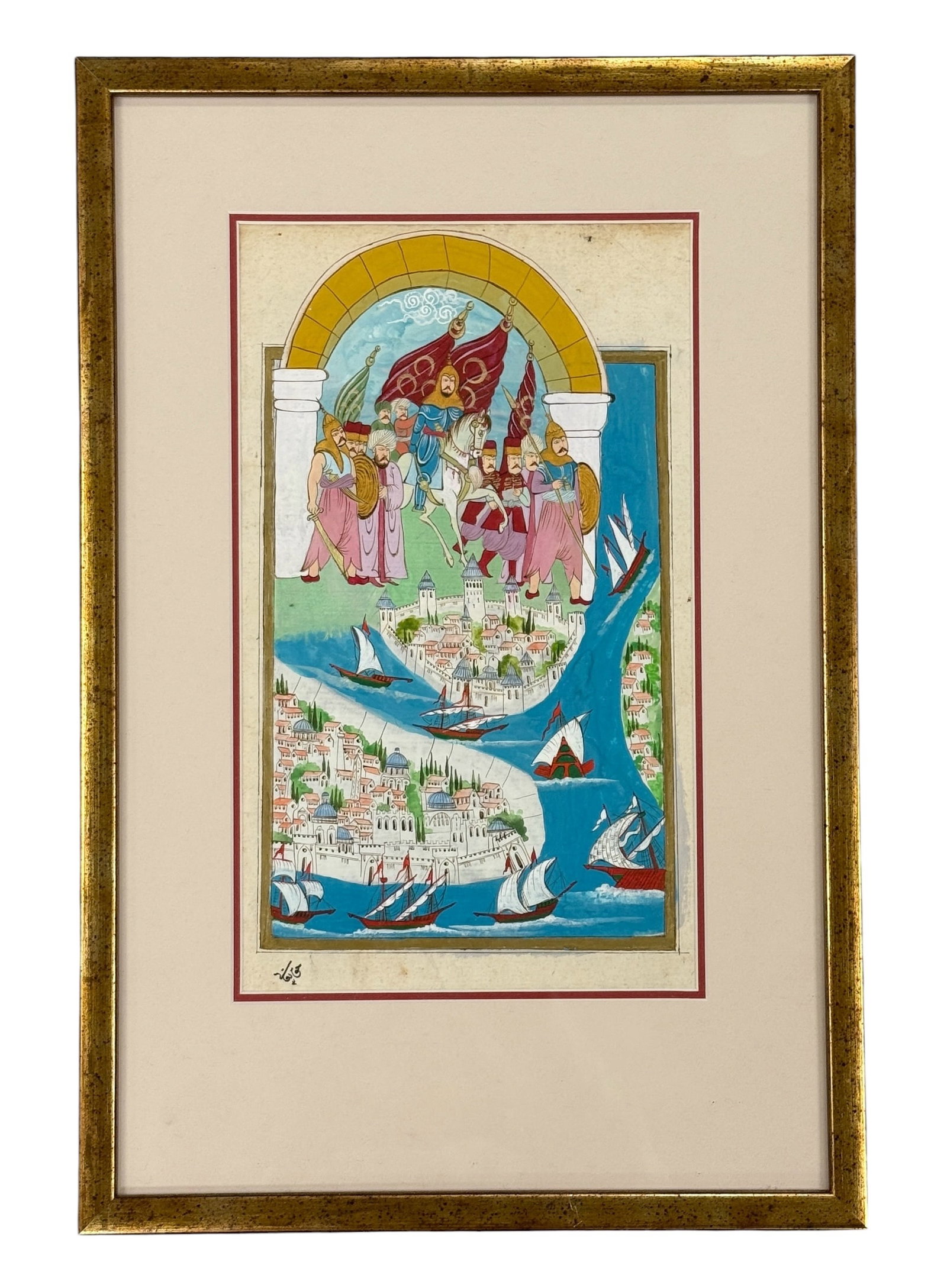 Ottoman Persian Miniature Painting Giltwork Arabic Sea Port: From an upstate, NY collection. Original Ottoman Persian miniature painting with gilt work. Very detailed. Signed in Arabic. Measures approx 17" x 11.5". Please see photos for details.