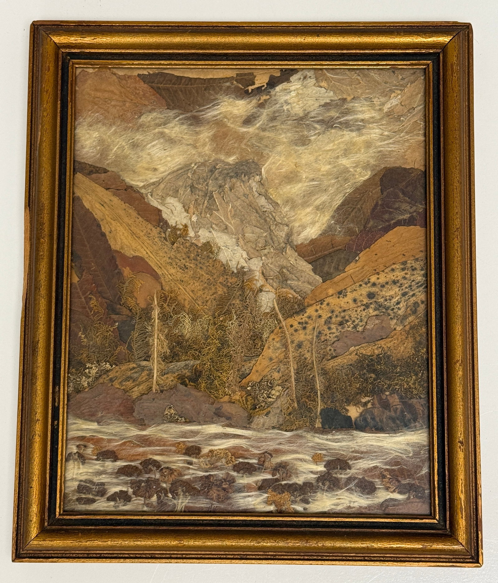 Multimedia Natural Materials Collage 'Nymph Lake' Pansy Stockton: From an upstate, NY collection. Original multi-media framed composition of natural materials called a ‘Sun Painting', by noted artist Pansy Stockton [American, 1895-1972.] Titled ''Nymph Lake''