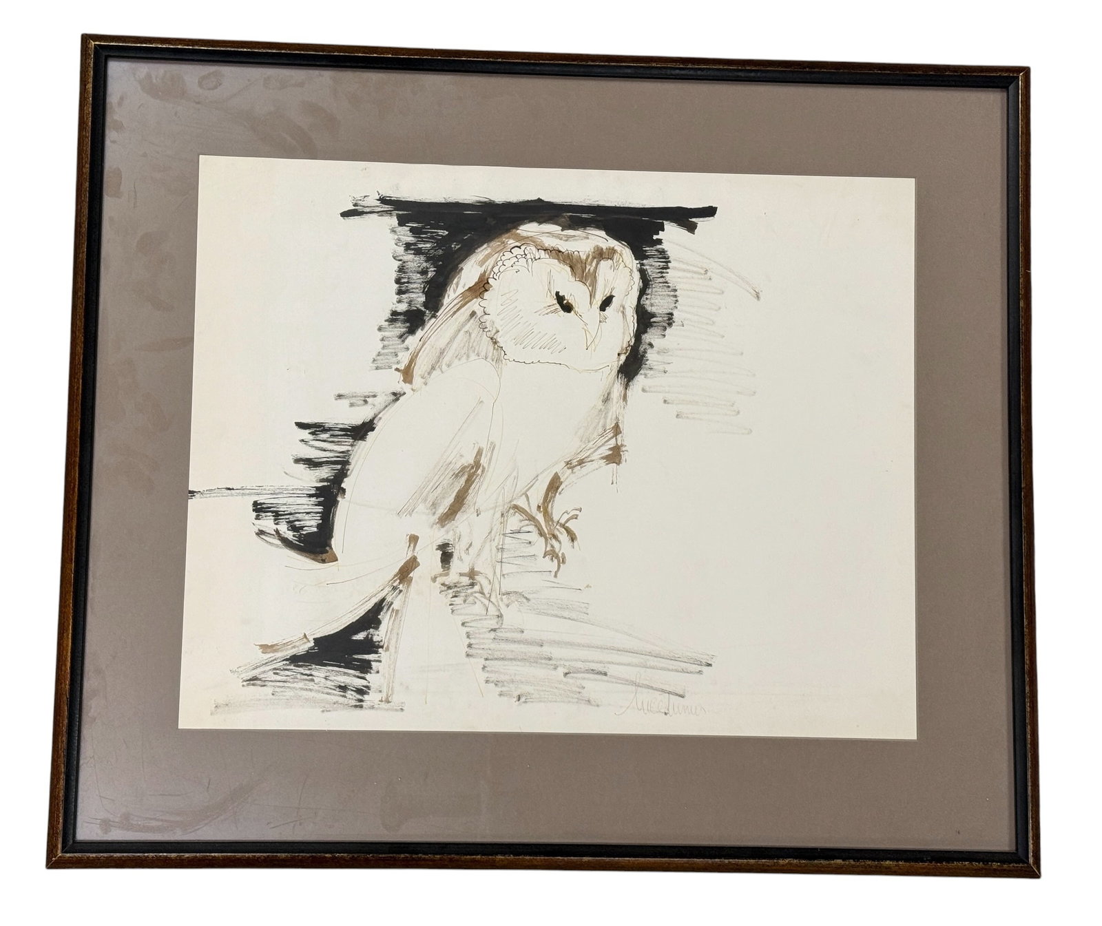 Framed Multimedia Watercolor Painting of Owl, Luce Turnier: From an upstate, NY collection. Framed original watercolor / pencil of "Owl" by Haitian artist Luce Turnier. Signed in lower right. Framed measures approx 33.75" x 29.25". Please see photos for condit