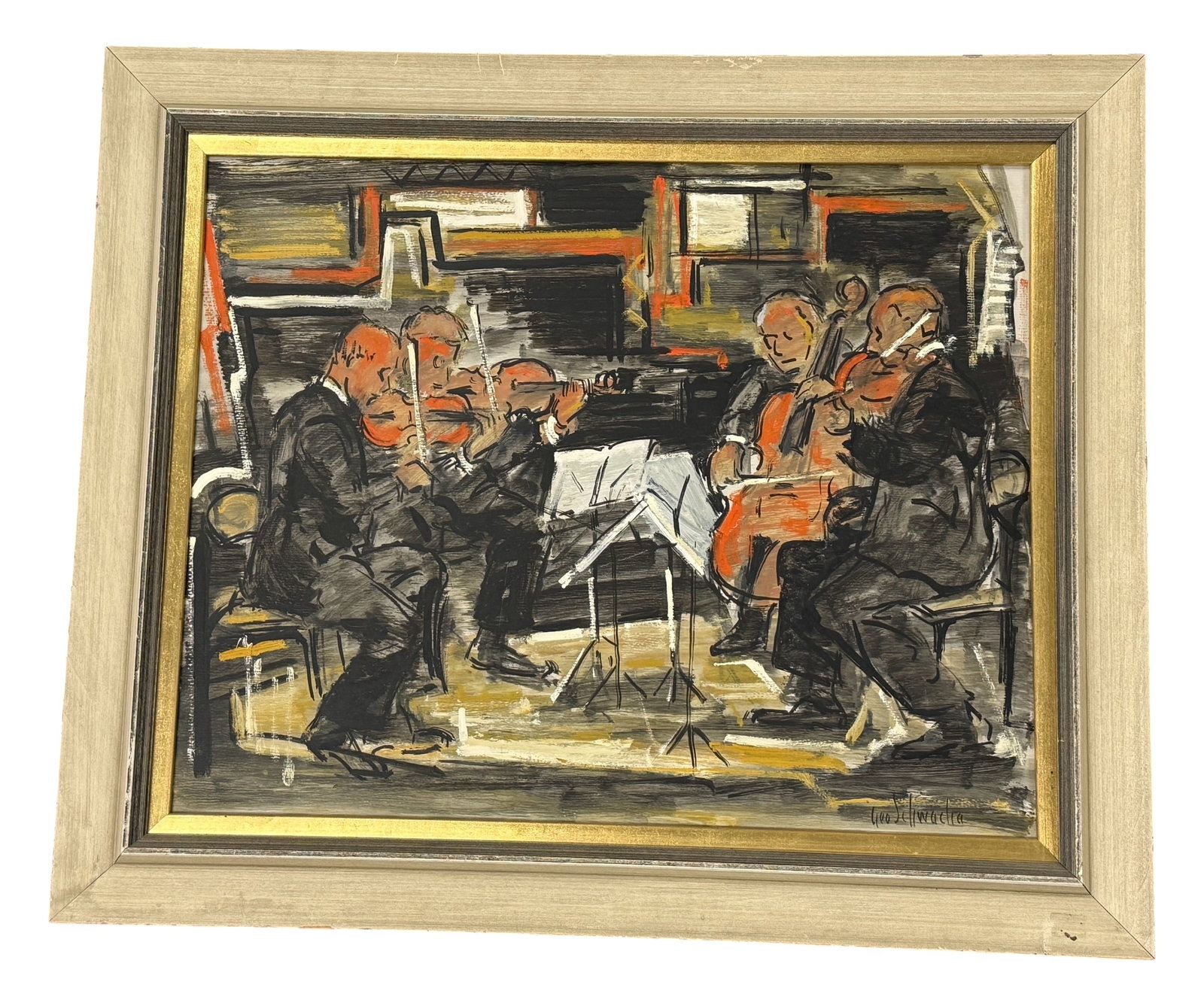Oil on Board 'Musicians' by George Schwacha: From an upstate, NY collection. Framed original oil painting on board of ''Musicians'' by George Schwacha [American, 1908-1986.] Signed, lower right. Framed measures approx 24.5" x 20.5". Please see