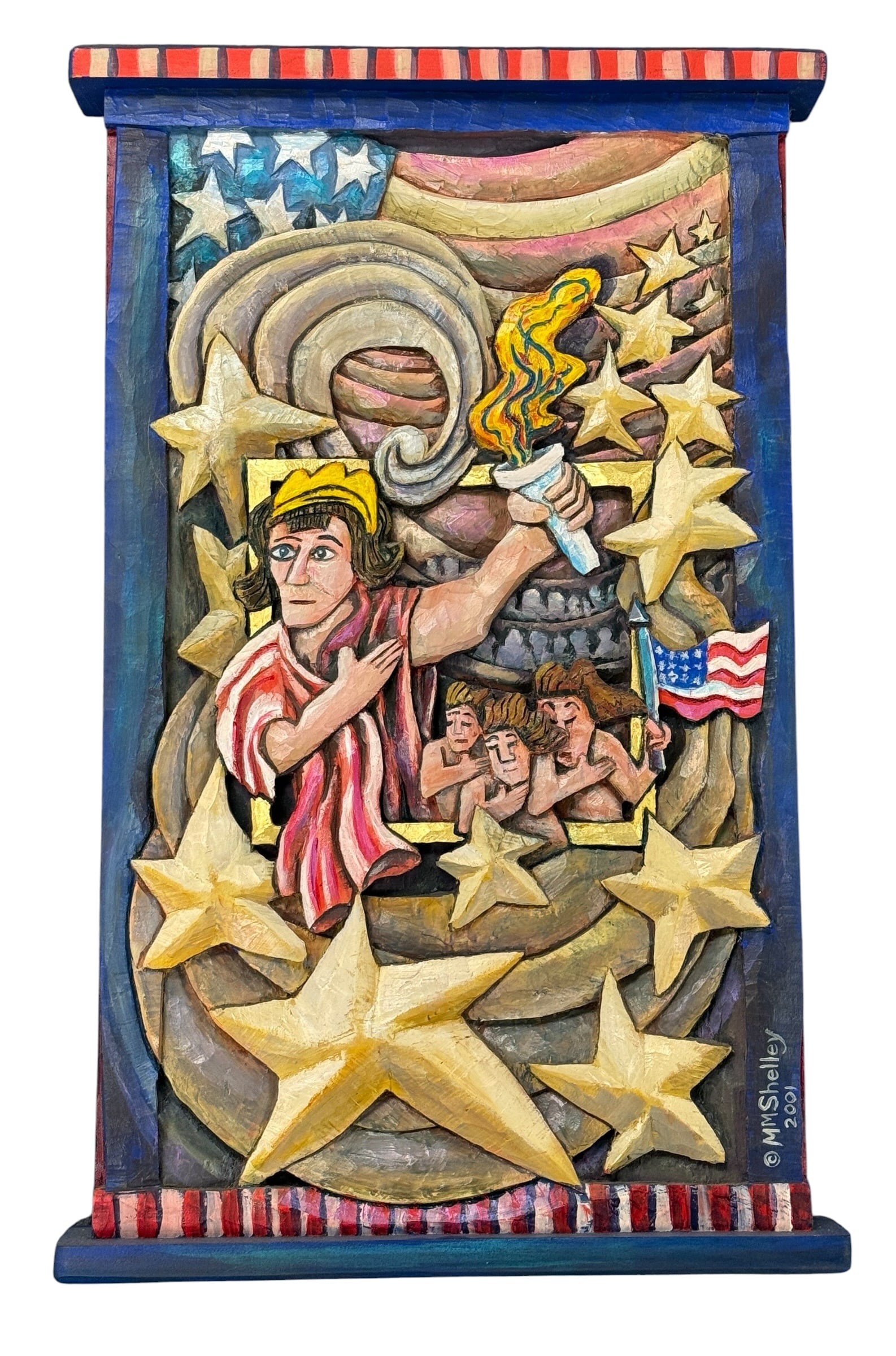 Folk Art Painted Carving ''Miss Liberty with Torch'' by Mary Shelley: From an upstate, NY collection. Original carved and painted folk art panel titled ''Miss Liberty with Torch'' by Ithaca, NY artist Mary Shelley. Measures approx 24.5" x 15.5". Please see photos for