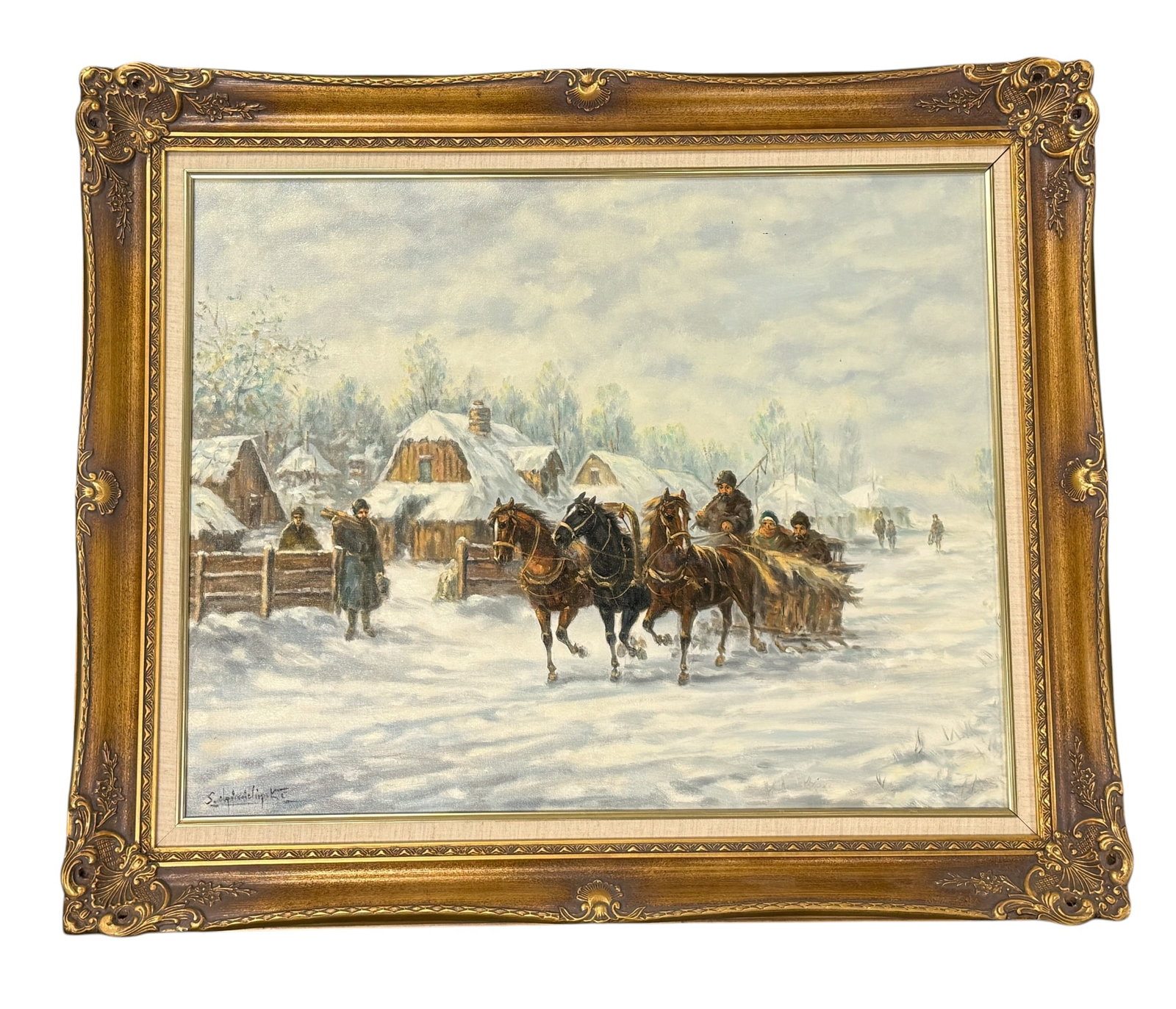 Stanislav Chimilinsky Country Winter Scene Troika Oil on Canvas: From an upstate, NY collection. Stanislav Chimilinsky (Poland, b.1936) oil on canvas depicting a troika within a country winter scene. Singed, lower left. Measures approx 38" x 32" x 2".framed.