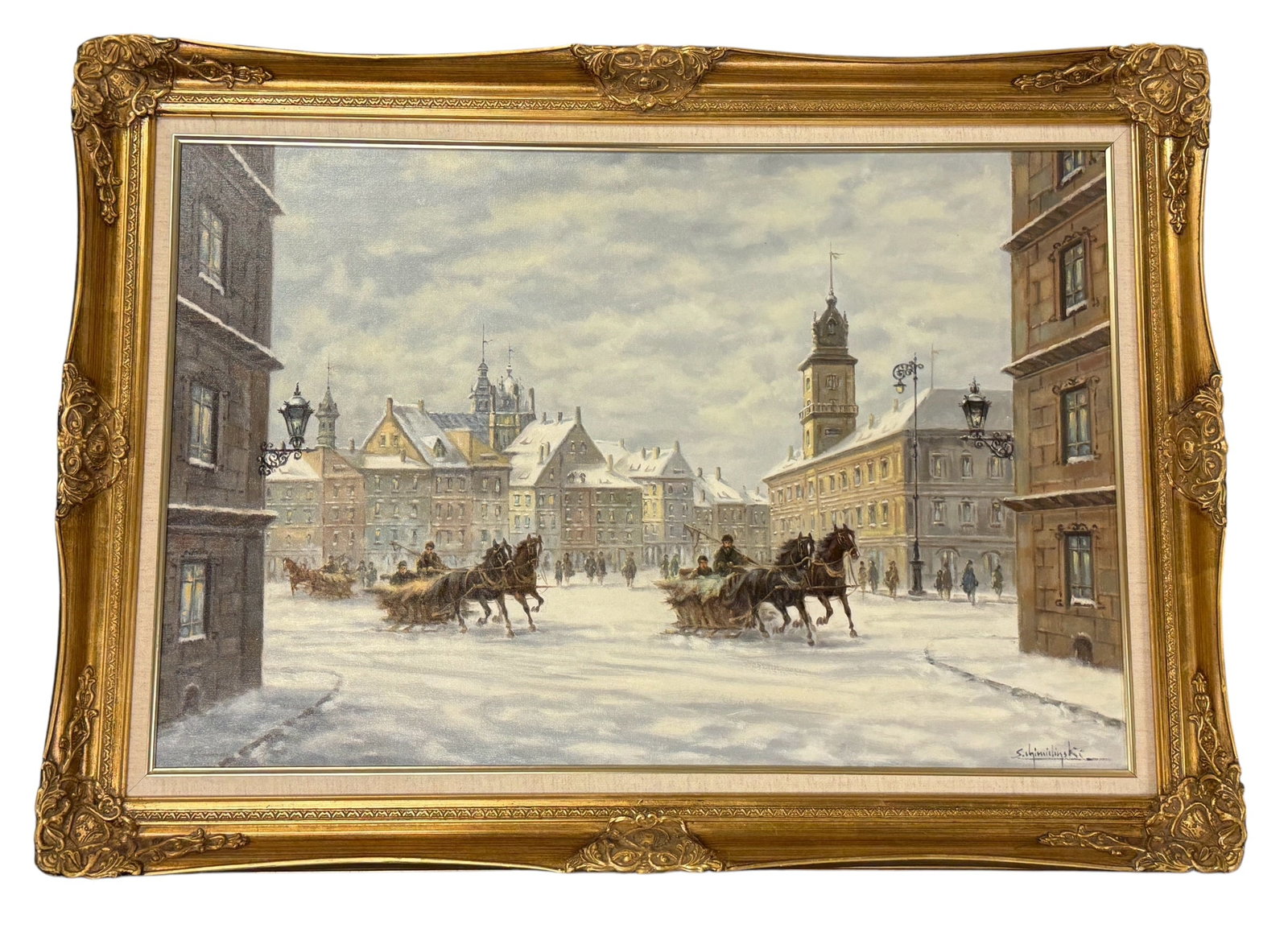 Stanislav Chimilinsky Warsaw Winter Scene Troika Oil on Canvas: From an upstate, NY collection. Stanislav Chimilinsky (Poland, b.1936) oil on canvas depicting a troika within a Warsaw winter scene. Singed, lower left. Measures approx 43.5" x 31.5" x 2".framed.