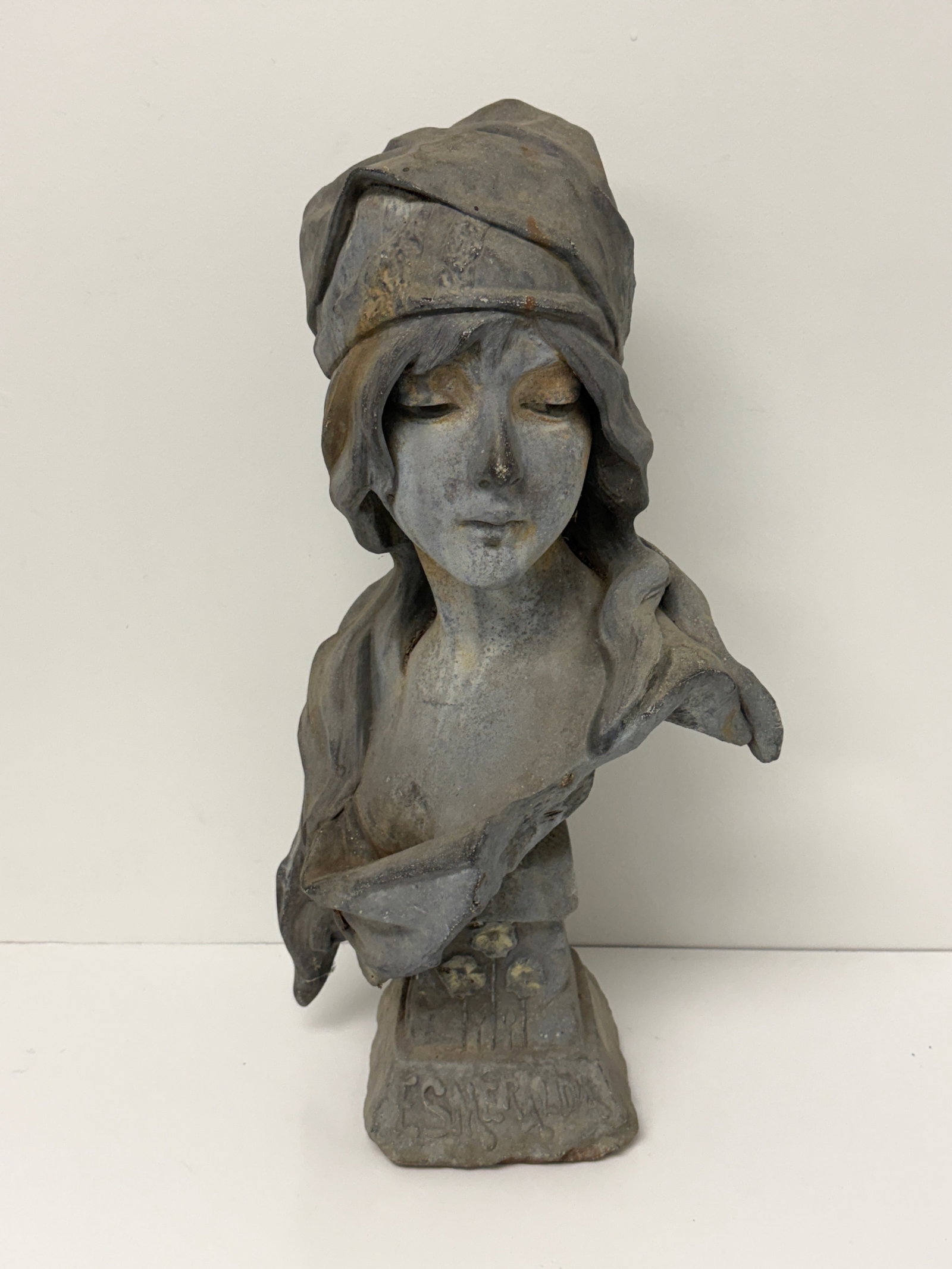 Art Nouveau Metal Bust 'Esmerelda' After Emmanuel Villanis: From an upstate, NY collection. Heavy spelter bust of 'Esmerelda' after Emmanuel Villanis. Measures approx 23" tall x just over 12" at widest. Please see photos for details.