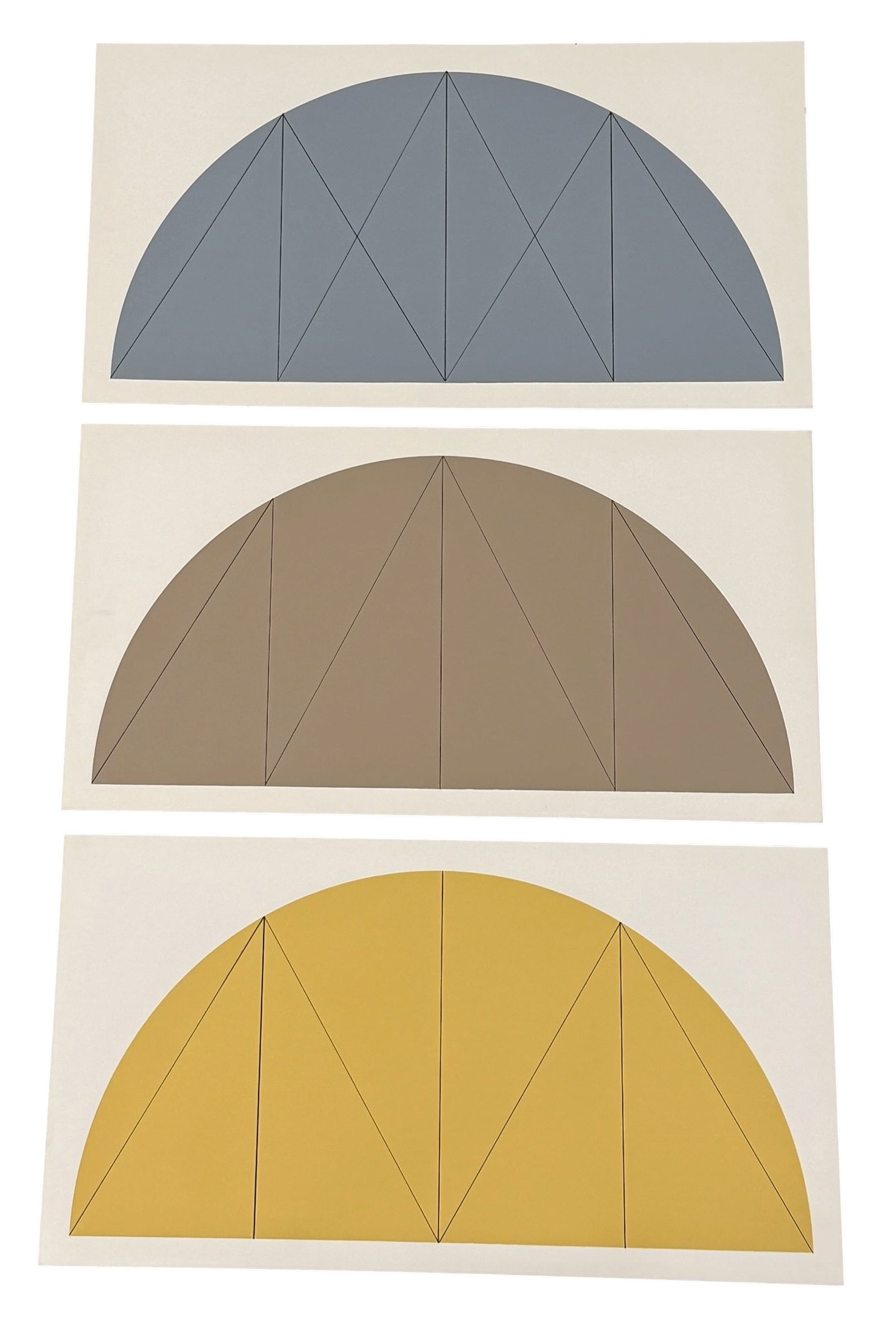 Robert Mangold 1/2 Curved Area Series Gray Manilla Brown: From the estate of Steve Poleskie, founder of The Chiron Press. Series of three color screen prints by artist Robert Mangold (American, 1937-) on white rag paper, with full margins. Group includes 1/2