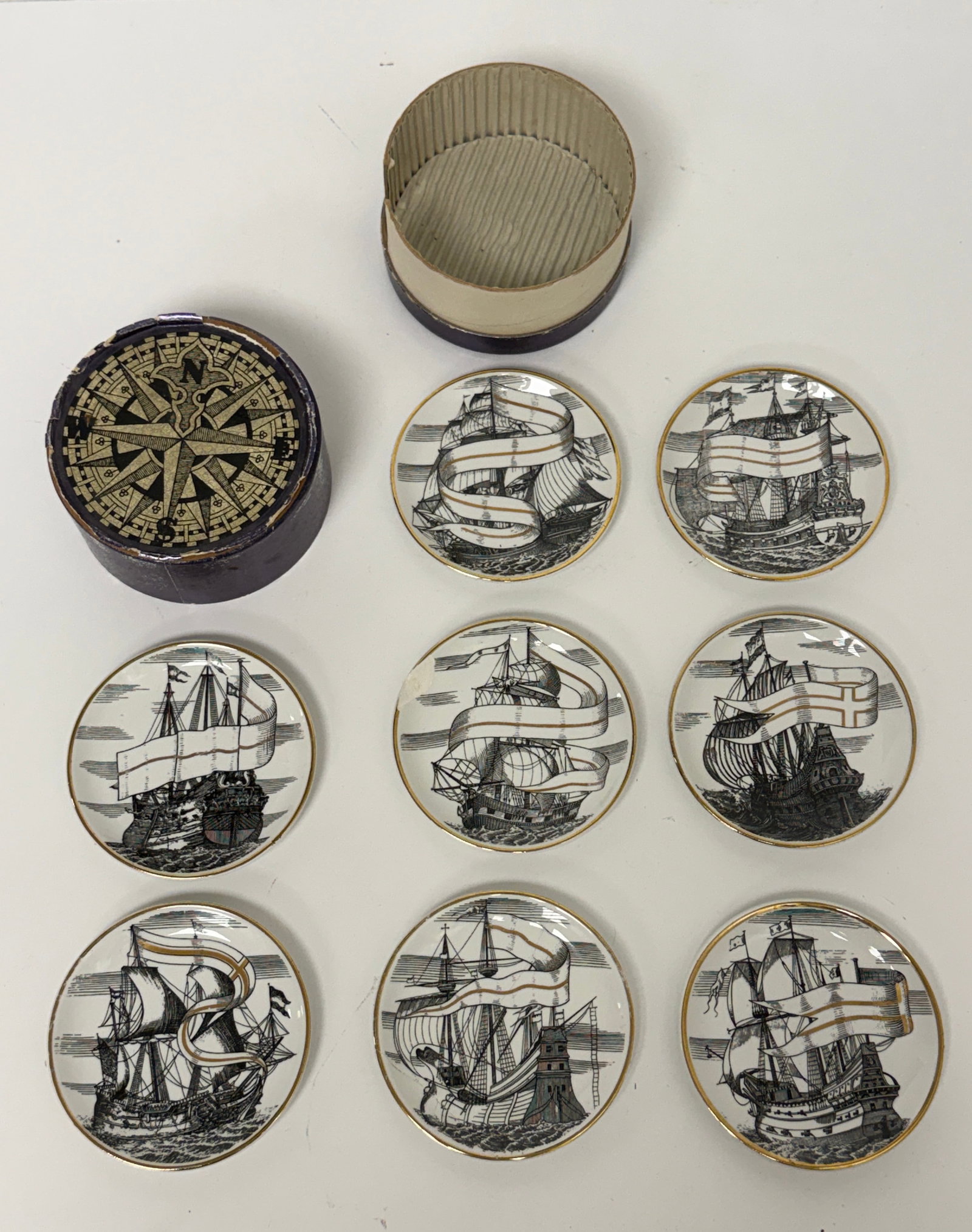 Set of 8 Vintage Piero Fornasetti Velieri Sailboat Coasters Box (1 of 15)