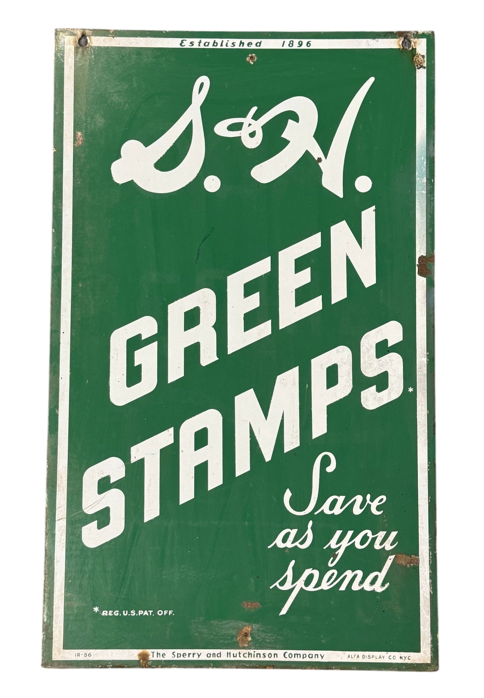 Original Vintage S & H Green Stamps Advertising Sign: From an Ithaca, NY estate collection. Vintage metal litho advertising sign for S & H Green Stamps. "Save as you spend." Measures approx 33" x 20".Please see photos for details.