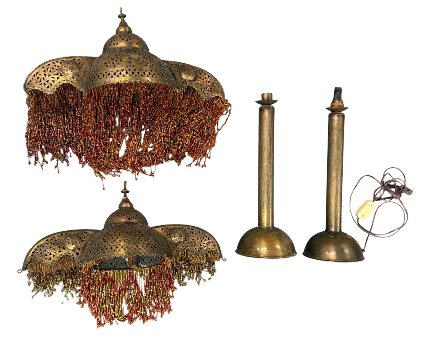 Pair of Antique Moroccan Beaded Brass Table Lamps: From an upstate, NY estate. Antique pair of Moroccan pierced brass beaded shades on brass bases. Both need some repair / restoration. Untested / need wiring. Each measures approx 23" to top of shade x