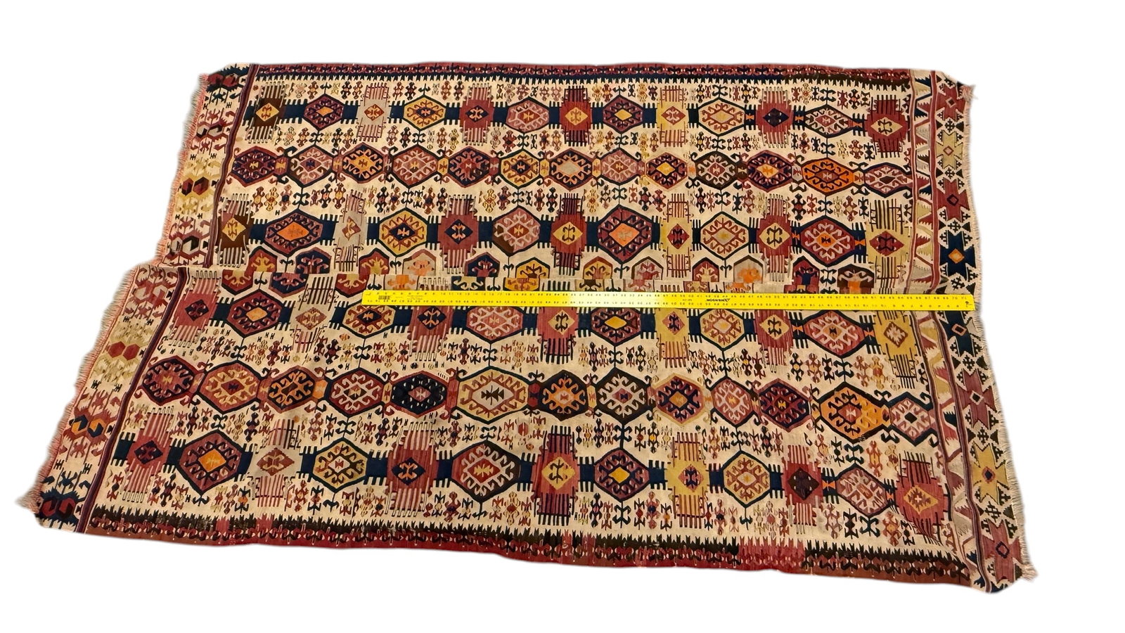 Fine Vintage Anatolian Kilim Wool Rug Weaving 9' x 5'8": From an upstate, NY estate. Fine earlier vintage Anatolian Kilim Turkish rug / weaving. Two woven panels joined at center. Measures approx 9'x 5' 8". Has a few small holes / one larger repair. Minor b