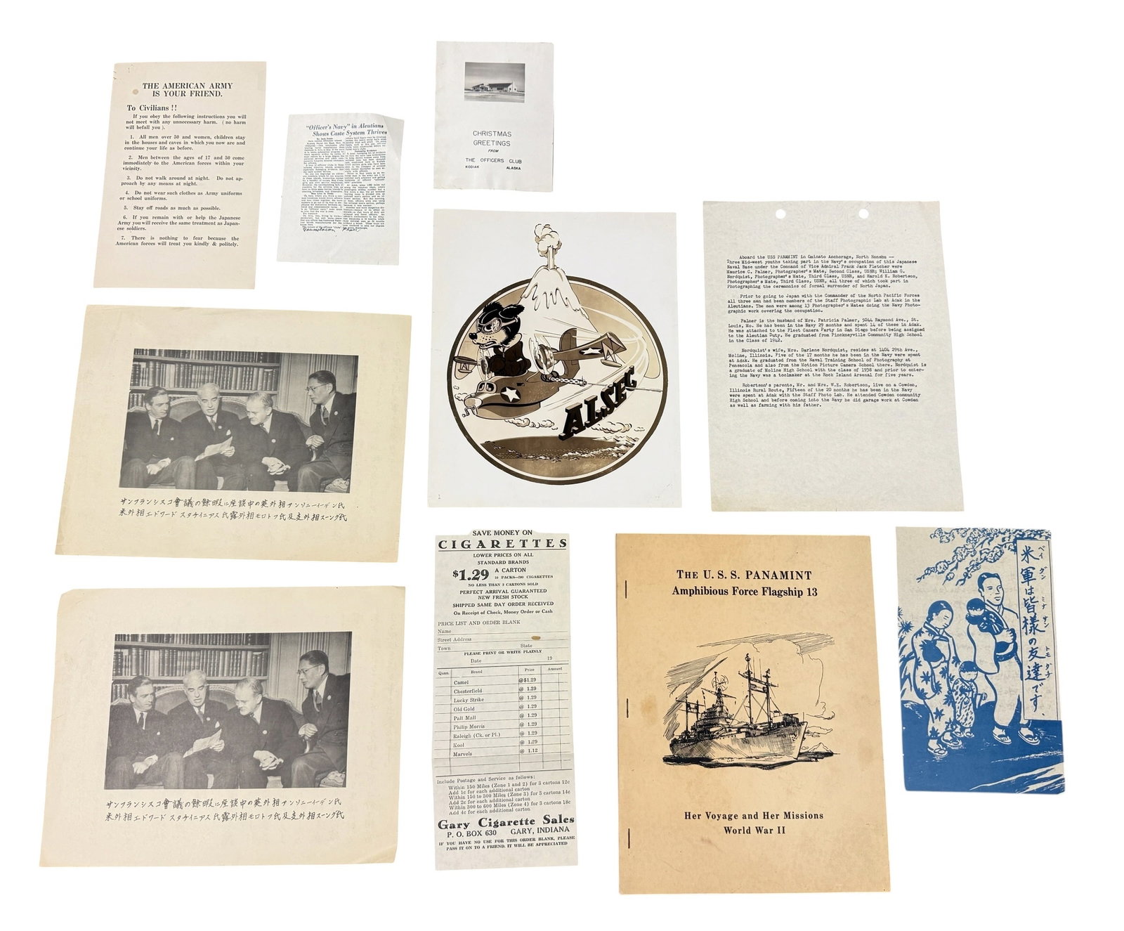Grouping of WWII Ephemera ALSEC USS Panamint Aelutian Islands: From the estate of William George Norquist, Photographer's Mate, Third Class (US Navy.) He was stationed at Adak Island and documented much of what took place in the Aleutian Islands, and the various 