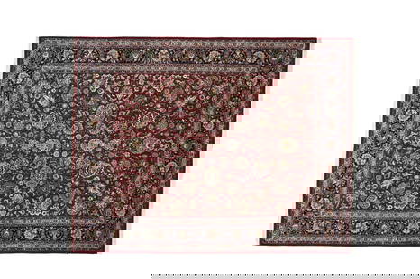 persian tabriz rug 1144235: handmade Persian Tabriz rug design: wool & silk DESIGN:all over motif background red border navy dimensions 7.11 x 10.2