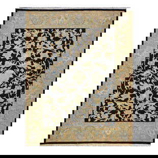 oushak rug 1144282: handmade oushak rug DESIGN:all over motif background black border tan dimensions 8.1x 10. 4