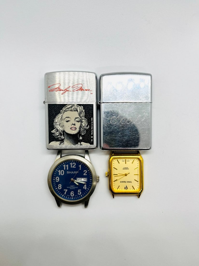 ZIPPO LIGHTER: 1.MARILYN MONROE LIGHTER_2.ZIPPO LIGHT WITH NAME(SCOTT) ENGRAVED_3.SHARP & TIME SQUARE WATCH