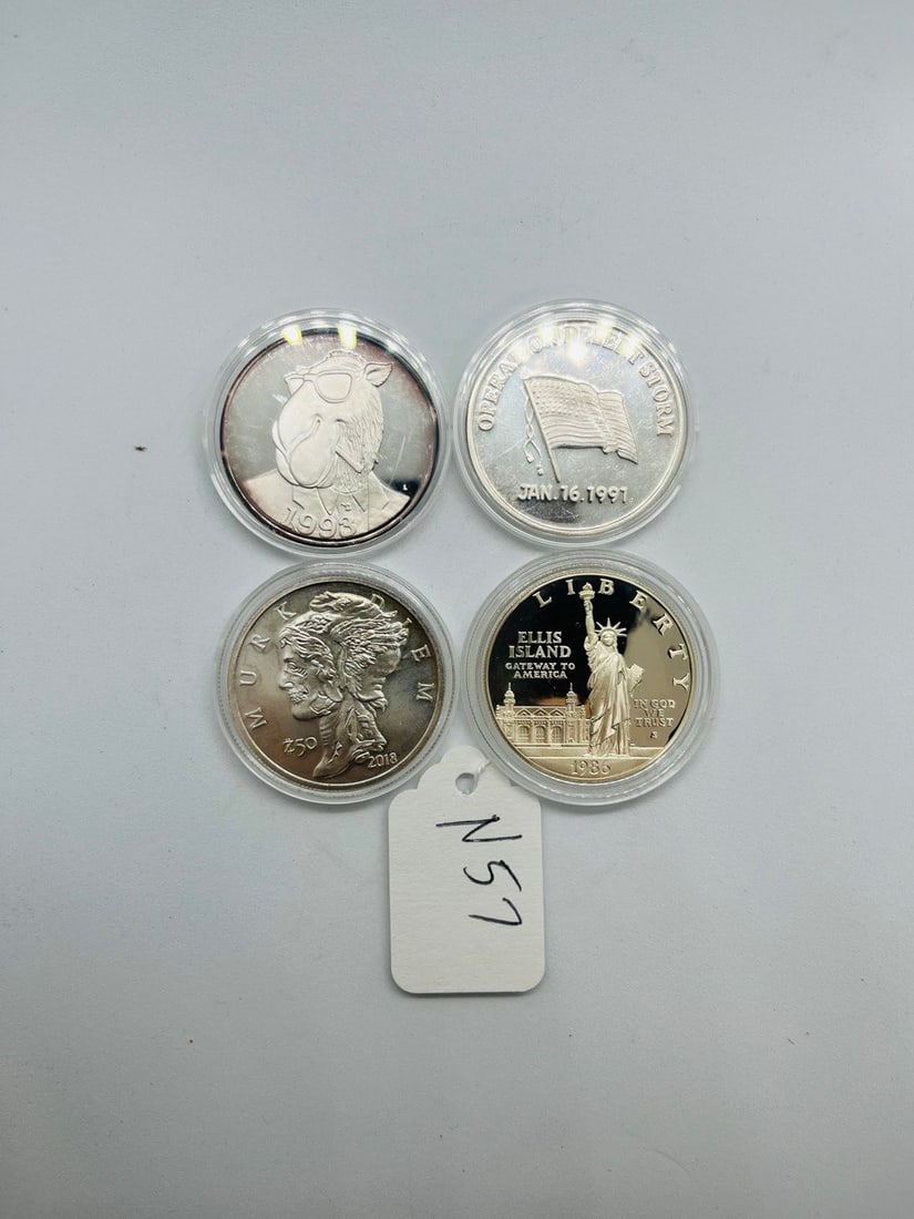 SILVER COINS: 1OZ 1998 CAMEL 1913 SILVER- 1OZ OPERATION DESERT STOM SILVER-1OZ MURK DIEM SILVER-1OZ LIBERTY ELLIZ ISLAND 1986 SILVER