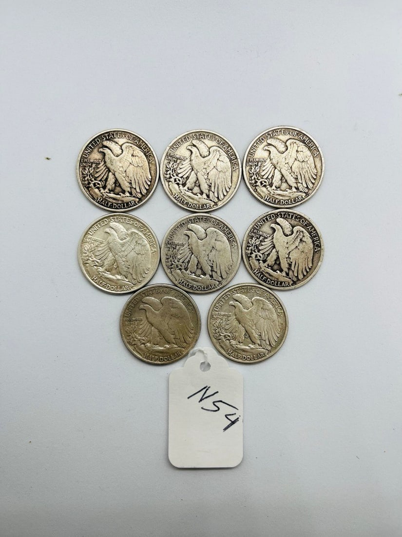 SILVER HALF DOLLER United States of America Liberty coins: 2 COINS 1942- 3 COINS 1943 - 1 COIN 1945 -1 COIN 1938- 1 COIN 1936 TOTAL OF 8