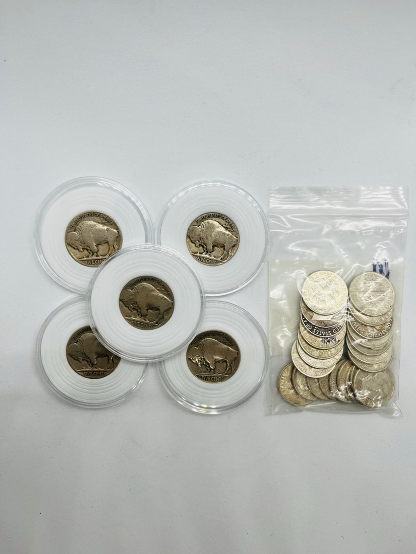 SILVER COINS: 5 BUFFALO NICKEL 1929- 23 ROOSEVELT DIME SILVER MIX YEAR