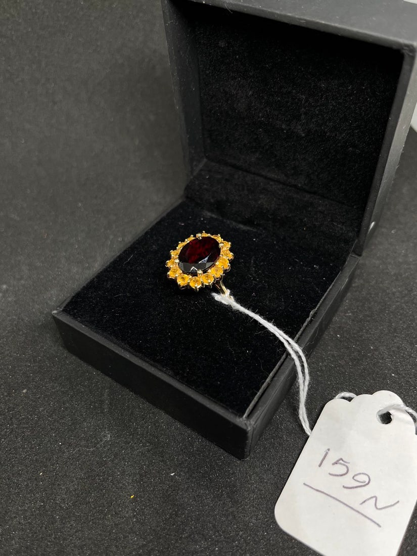 YELLOW GOLD RING: 10K LADIES YELLOW GOLD RING ART DECO 7CTTW GARNET & CITRINE BEAUTIFUL 6.3 GOLD