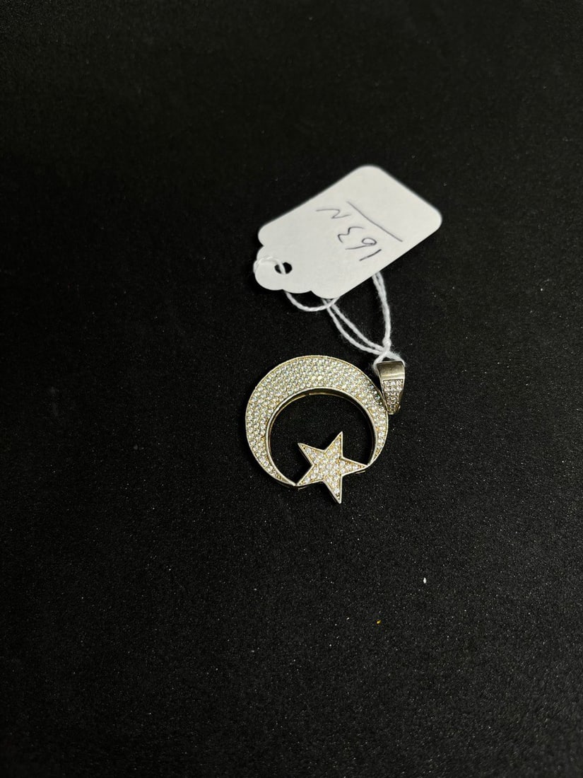 STERLING: 925 STERLING SILVER CRESCENT MOON & STAR MUSLIM ISLAM CZ PENDANT