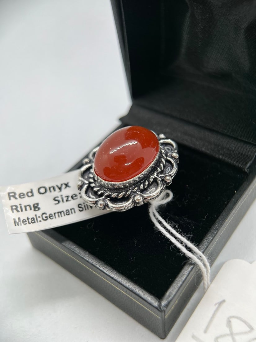 RED ONYX STONE SILVER RING - 2