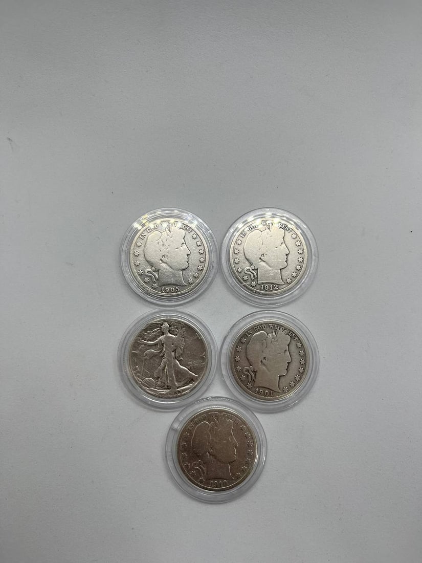 5us half dollar: 5 u.s. half dollar silver coins 1912- 1905- 1933 -1910- 1901 barber half dollar