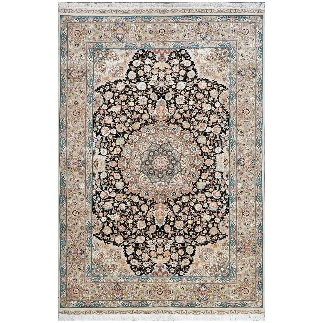Vintage Persian Tabriz1143809: Vintage Persian Tabriz Wool & Silk 5×8 Blue, Black, & Ivory Handmade Area Rug Content: Wool Actual size: 5’7″ X 8’6″