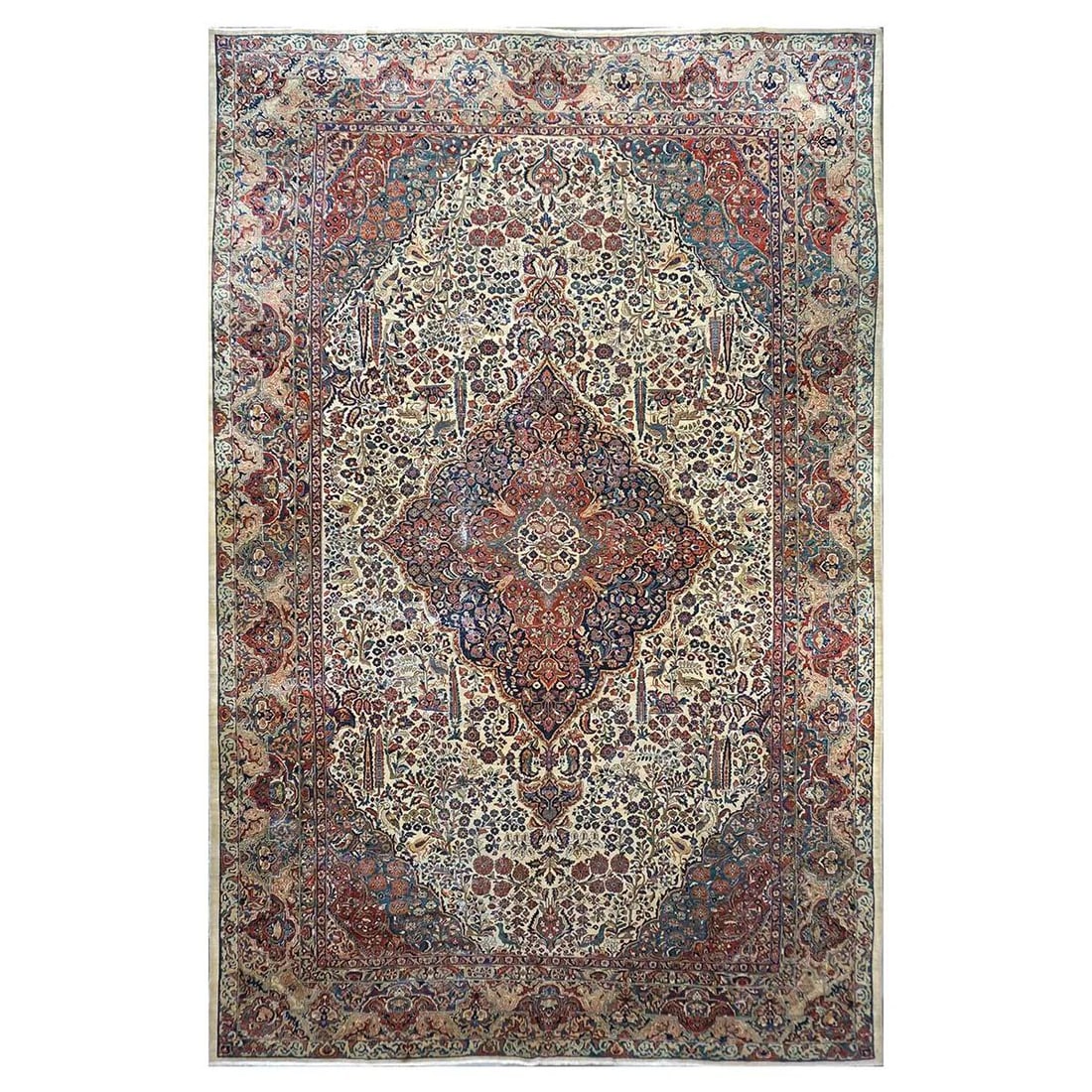 Antique Persian Sarouk Mahajaran 1144059: Antique Persian Sarouk Mahajaran 12×19 Ivory, Navy, & Red Oversized Area Rug Content: Wool Pile/Cotton Foundation.Actual Size: 12′ X 18’8″